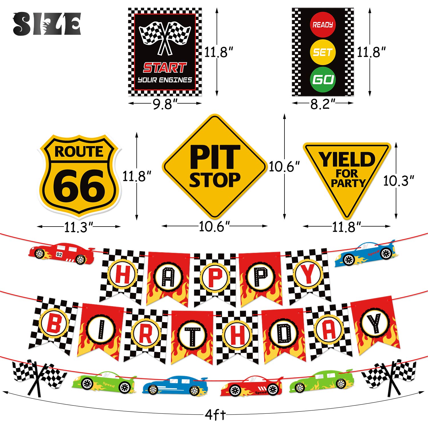 Race Car Birthday Party Decorations Set - Racing Theme Party Signs, Checkered Flags, Balloons & Banner for Boys - Perfect for Kids' Racing Birthday Party, Let's Go Racing Theme Decor & Supplies