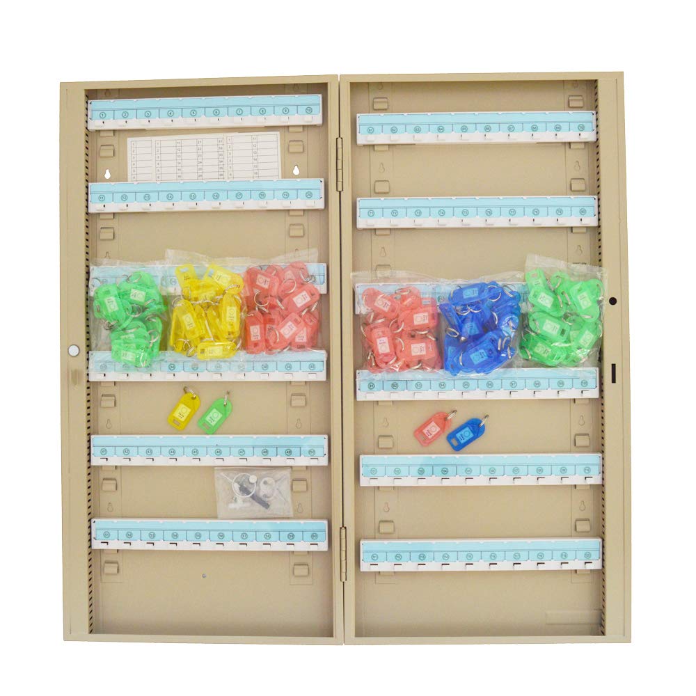 100-Position Adjustable Key Lock Cabinet - Beige Key Storage Box with Hanging Hooks for Home, Office & Garage Organization - Secure Key Holder for Keys, Tools & Small Items