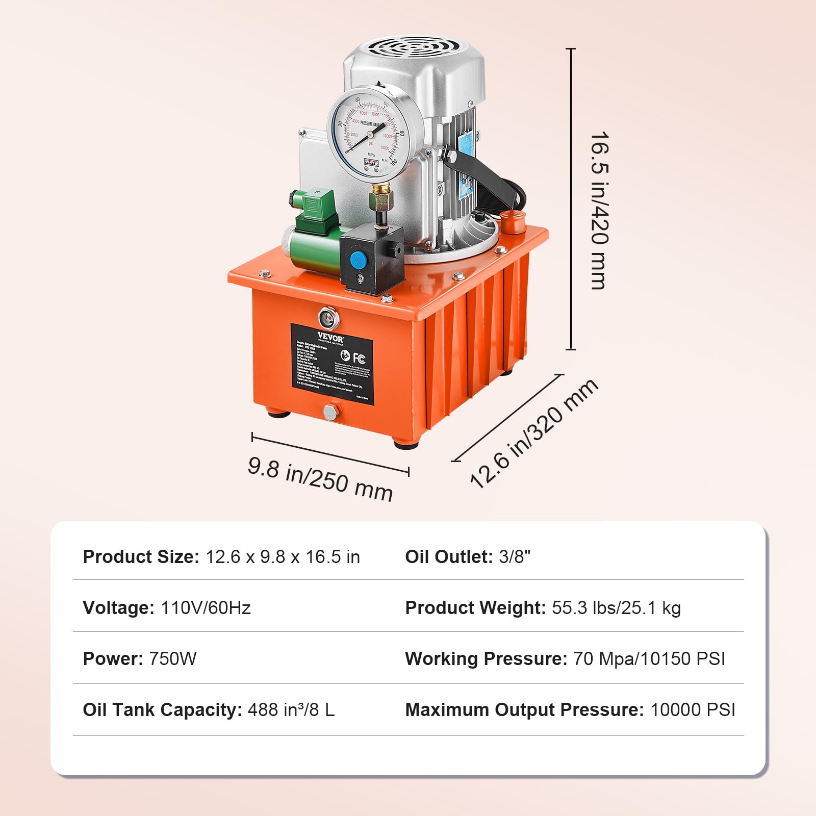 VEVOR 10000 PSI 750W 110V Electric Hydraulic Pump Power Pack Unit - 8L Capacity, Single Acting Solenoid Valve with Foot Pedal Switch - Ideal for Punching, Bending, Jack Machines & Heavy Duty Industrial Applications