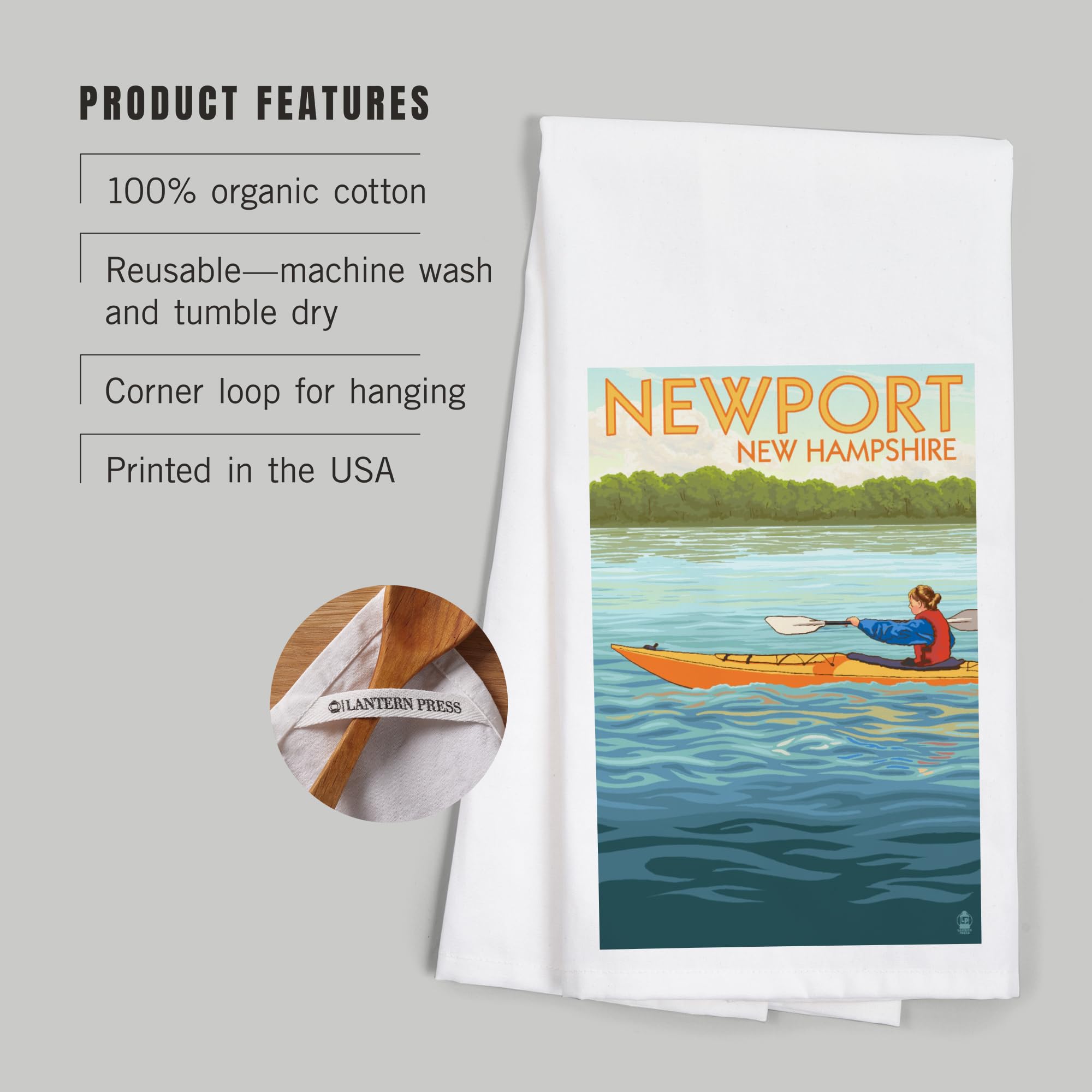 Lantern Press Newport New Hampshire Kayak Scene Tea Towel - 100% Cotton Decorative Hand Towel for Kitchen & Home Decor | Perfect for Gifts, Dish Drying & Coastal Themed Decor
