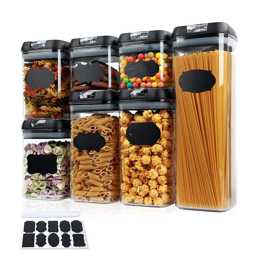 YUHEAN 7-Piece Black Plastic Food Storage Containers Set with Lids - Airtight, BPA-Free, Transparent Kitchen & Pantry Organizers for Cereal, Snacks, Dry Food - Perfect for Refrigerator, Freezer & Meal Prep