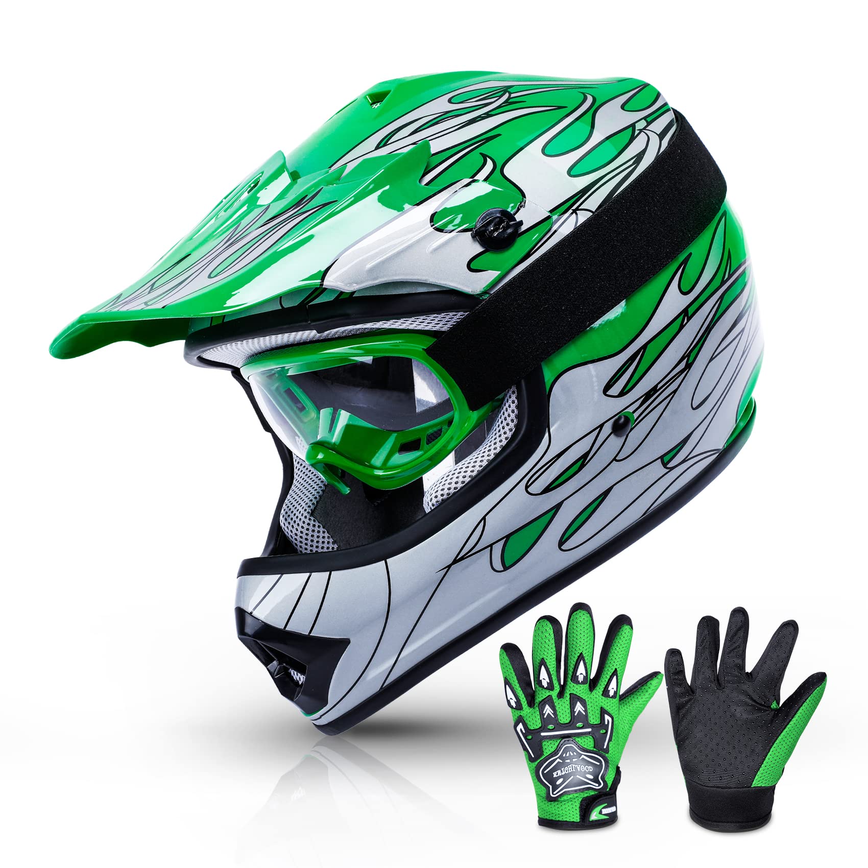 SLMOTO Youth & Kids Motorcycle Helmet - DOT Approved Motocross, Offroad, ATV, Dirt Bike Helmet with Goggles & Gloves - Green Flame Design - Perfect for Racing, Trail Riding & Outdoor Adventures