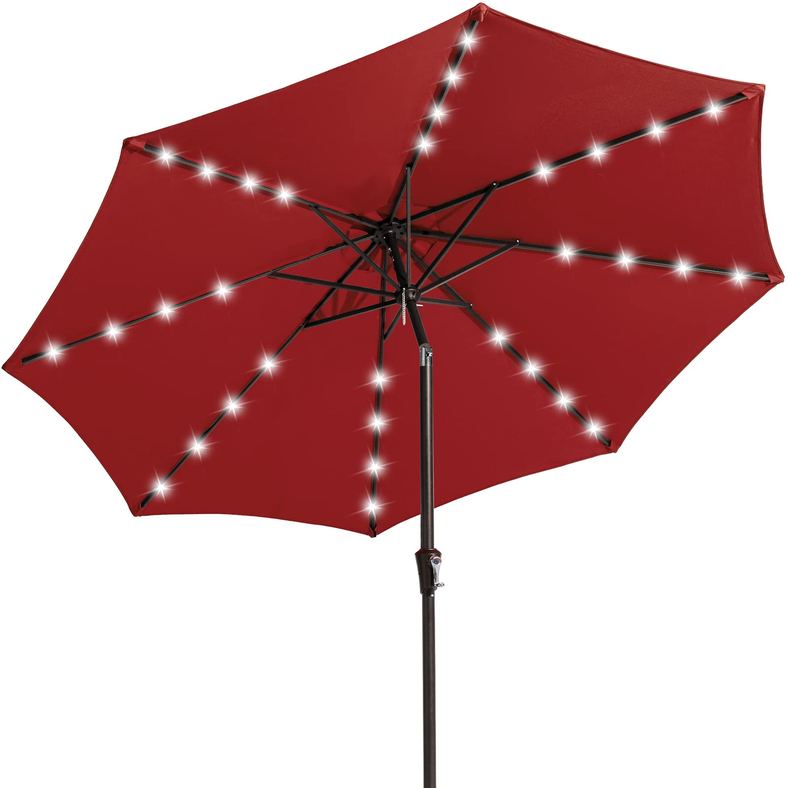 JEAREY 9FT Solar LED Lighted Patio Umbrella with Tilt Function - Waterproof Outdoor Table Umbrella for Poolside, Deck, Garden & Backyard (Red) - Perfect for Summer BBQs, Beach Parties & Outdoor Dining