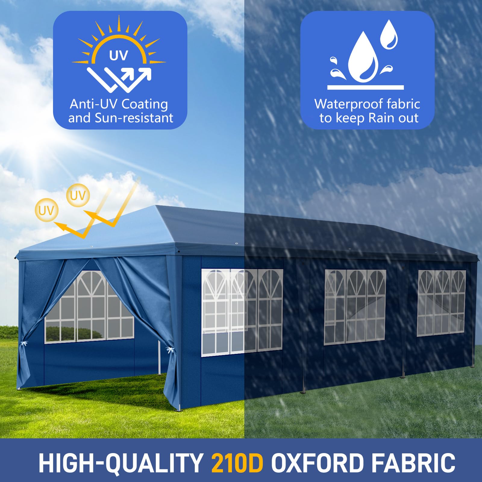 Outvita 10x30ft Ez Pop Up Canopy Tent - Portable Instant Shelter with 8 Side Walls for Outdoor Events, Parties, Weddings, Birthdays & Graduations (Blue) - Perfect for Backyard BBQs, Beach Picnics, Camping and Tailgating