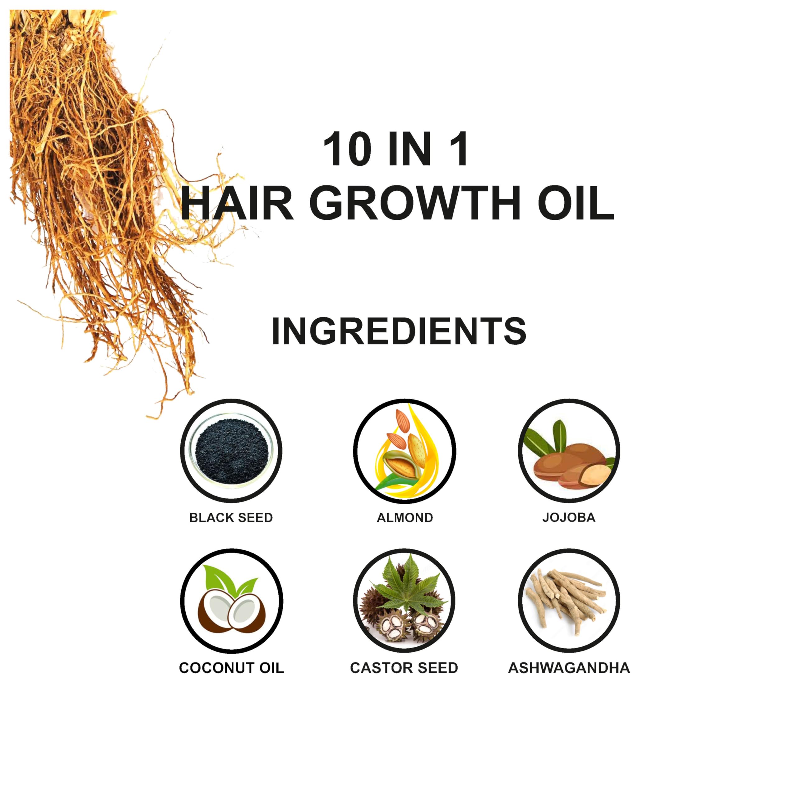 Love Earth 10-in-1 Hair Growth Oil with Soybean, Black Seed, Jojoba, Sweet Almond, Coconut, Castor Seed, Spikenard, Ashwagandha, Graecum Seed & Zizanoides Root Oils - 100ml | Promotes Thicker, Longer Hair Growth for Men & Women | Perfect for Daily Scalp Massage & Nighttime Hair Care Routine
