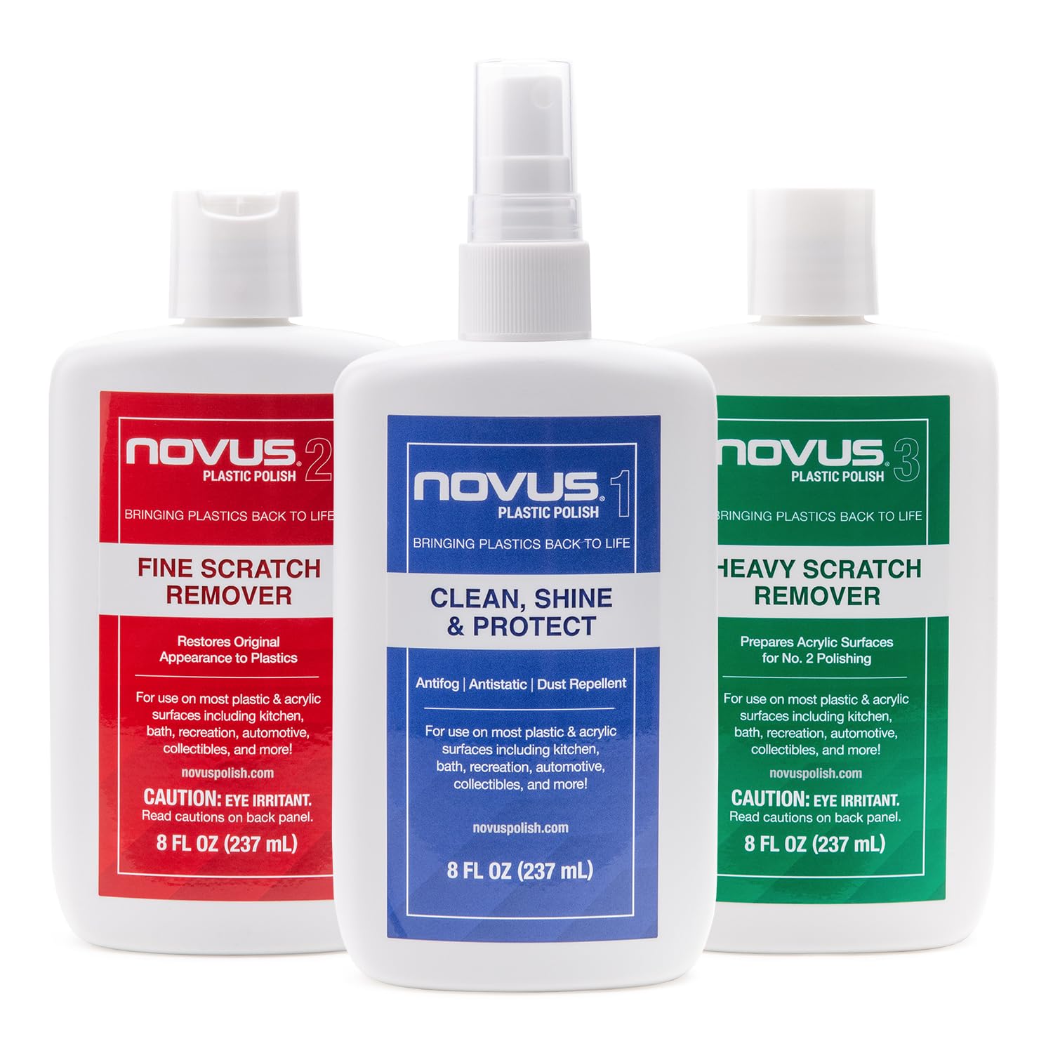 NOVUS Plastic Polish Kit - 3-Piece Scratch Remover & Cleaner Set for Headlights, Motorcycle Windshields, Acrylic & More | Includes #1 Clean & Shine, #2 Fine Scratch Remover, #3 Heavy Scratch Remover (8oz Each) | Perfect for Auto, Marine & Home Plastic Restoration