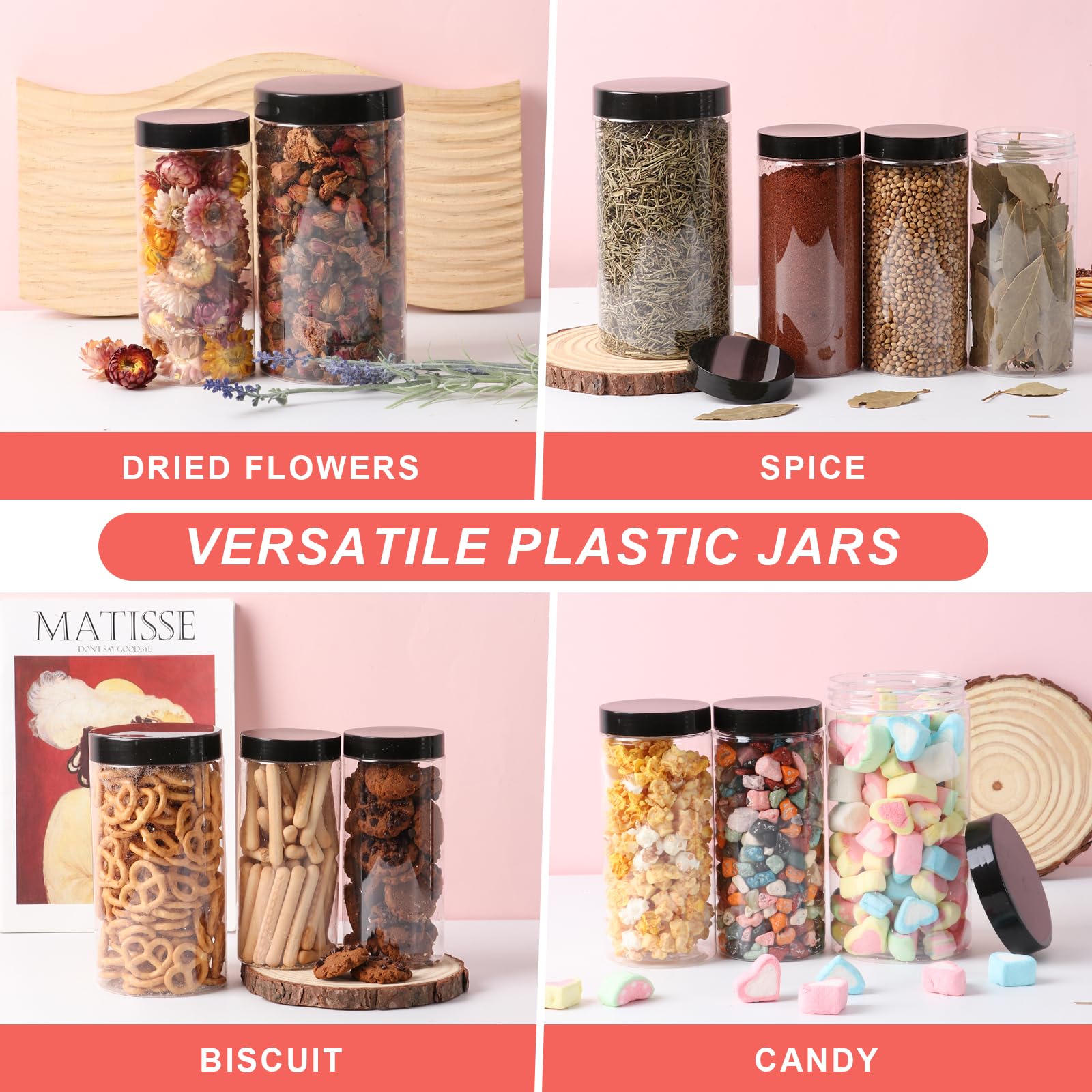 16oz Clear Plastic Jars with Lids (24-Pack) - Airtight Round Food Storage Containers for Nuts, Cookies, Dried Fruits & Small Snacks | Perfect for Pantry Organization, Meal Prep & Bulk Food Storage