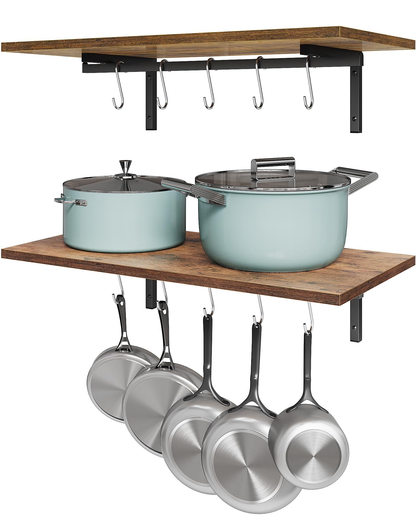 OROPY 2 Pack Wooden Wall Mounted Pot Pan Hanging Rack - 23.6 Inch Kitchen Organizer with 10 S Hooks for Cookware, Utensils & Spices - Space Saving Storage Solution for Small Kitchens, RVs & Apartments