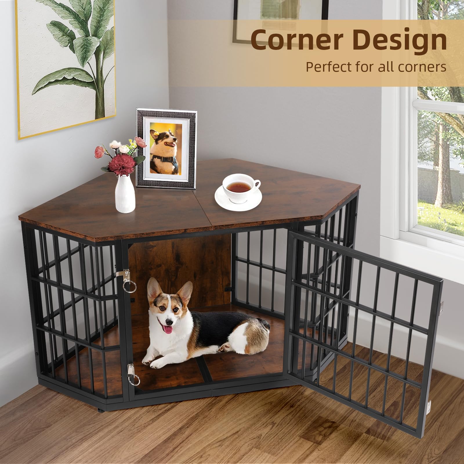 VOWNER 47 Inch Wooden Dog Crate Furniture - Corner Kennel End Table for Medium Dogs | Indoor Pet Crate with Wide Top | Space-Saving Design for Small Rooms | Perfect for Living Room, Bedroom or Office (Brown)