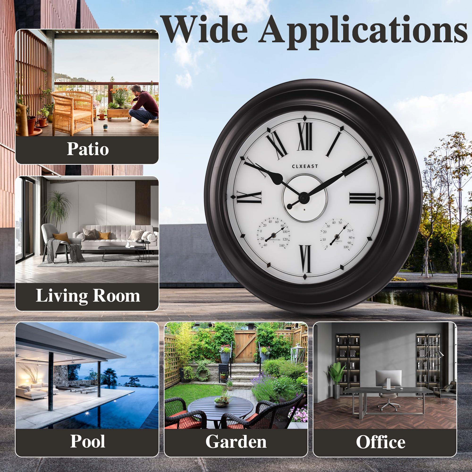 CLXEAST 24 Inch Large Outdoor Wall Clock with Thermometer & Hygrometer - Waterproof Metal Clock for Indoor/Outdoor Use - Oil Rubbed Bronze Black Finish - Perfect for Home, Garden, Office & Easter Decorations Gifts
