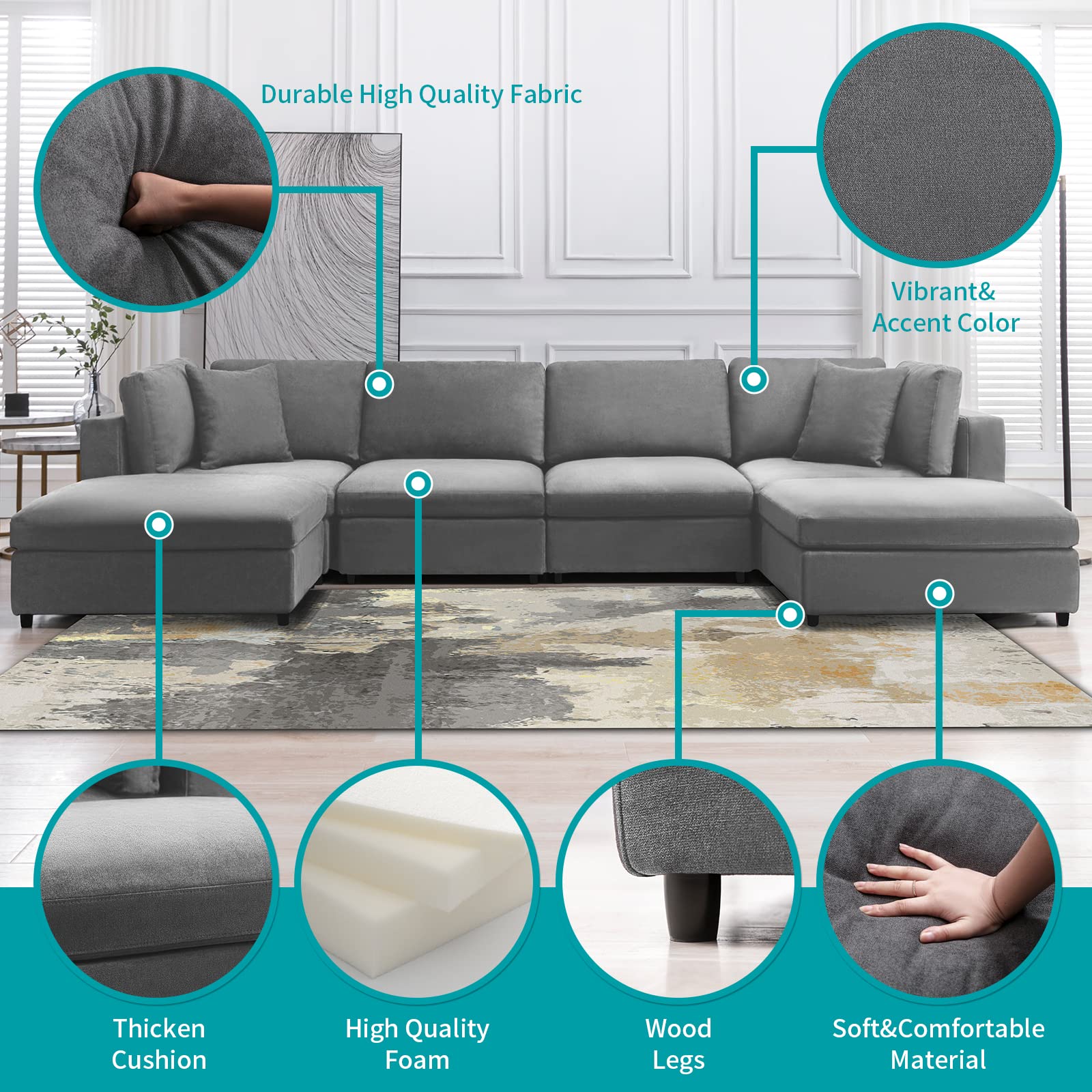 BALUS Modern Convertible 4-Seat Sectional Sofa with Wood Legs - Corner Sleeper Sofa Couch, Modular Living Room Furniture in Light Grey - Perfect for Small Spaces, Apartments & Home Theater Seating