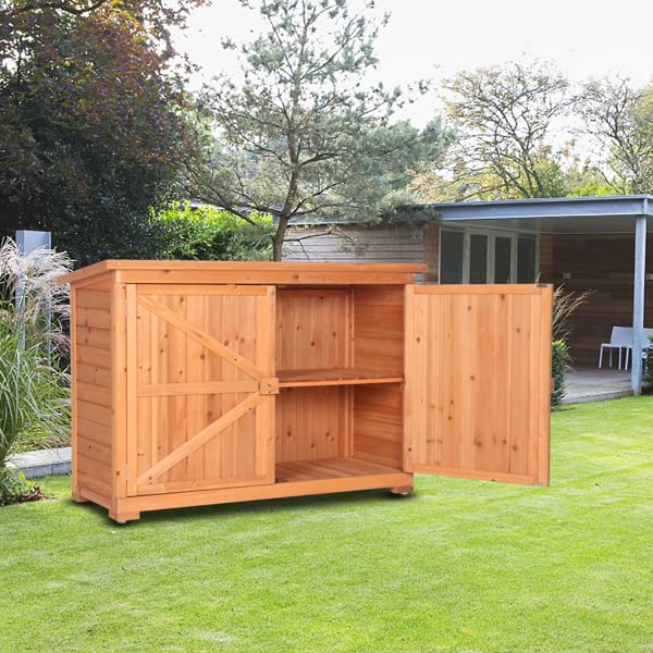 Double Door Fir Wood Outdoor Storage Shed - Weatherproof Garden Yard Cabinet for Tools & Equipment (Orange Red) - Perfect for Backyard, Patio & Garage Organization