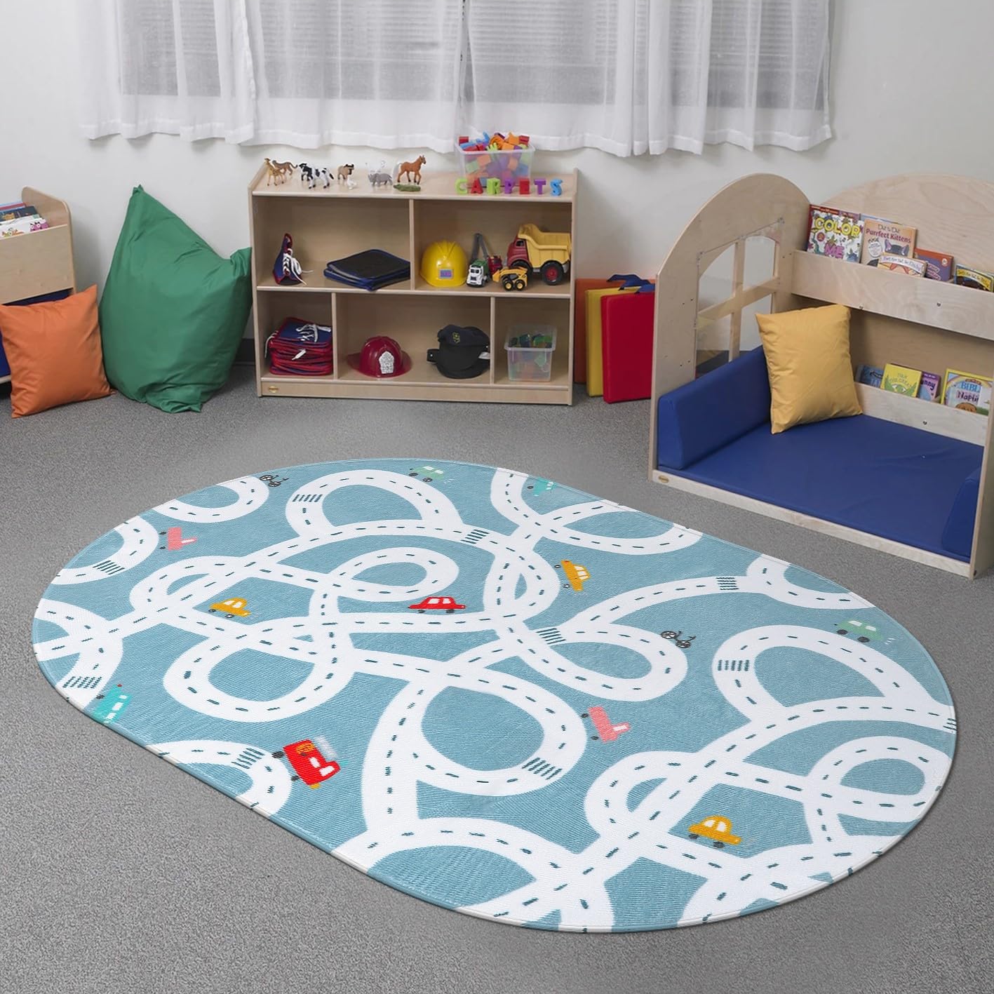 STARUIA Kids Play Rug 3'x5' - Non-Slip Washable Carpet for Nursery, Playroom & Dorm | Blue Traffic Design Play Mat for Boys & Girls | Perfect for Toy Rooms, Tents & Learning Activities