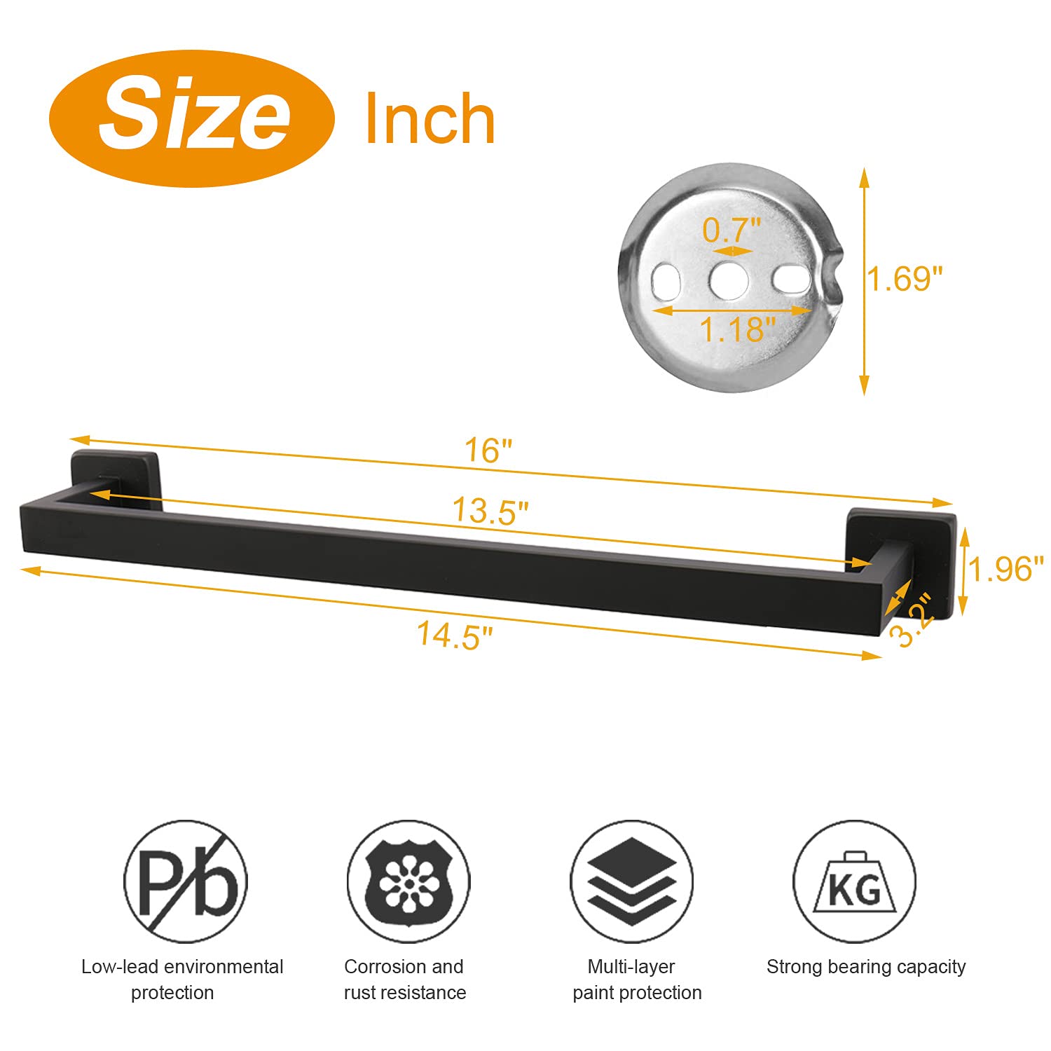 TocTen Stainless Steel Towel Rack - 16 Inch Heavy Duty Wall Mounted Bathroom Towel Bar with Square Base, Thick SUS304 for Bathroom Accessories - Perfect for Spa, Hotel, or Home Bathroom Organization (Black)