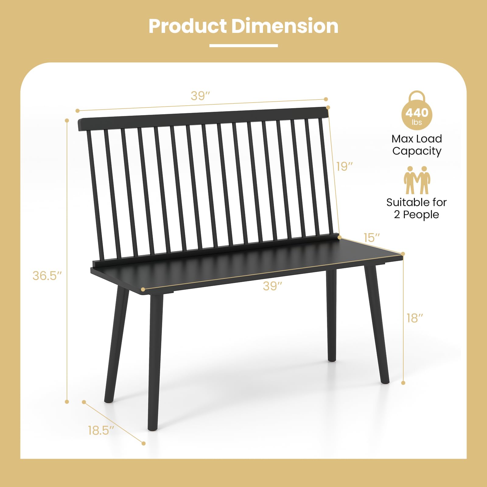 Giantex Black Windsor Dining Bench with Spindle Back & Anti-Slip Foot Pads - Farmhouse Style Rubber Wood Entryway Bench for Living Room, Dining Room, Hallway - Perfect for Farmhouse Decor, Small Space Seating & Cozy Home Entryways
