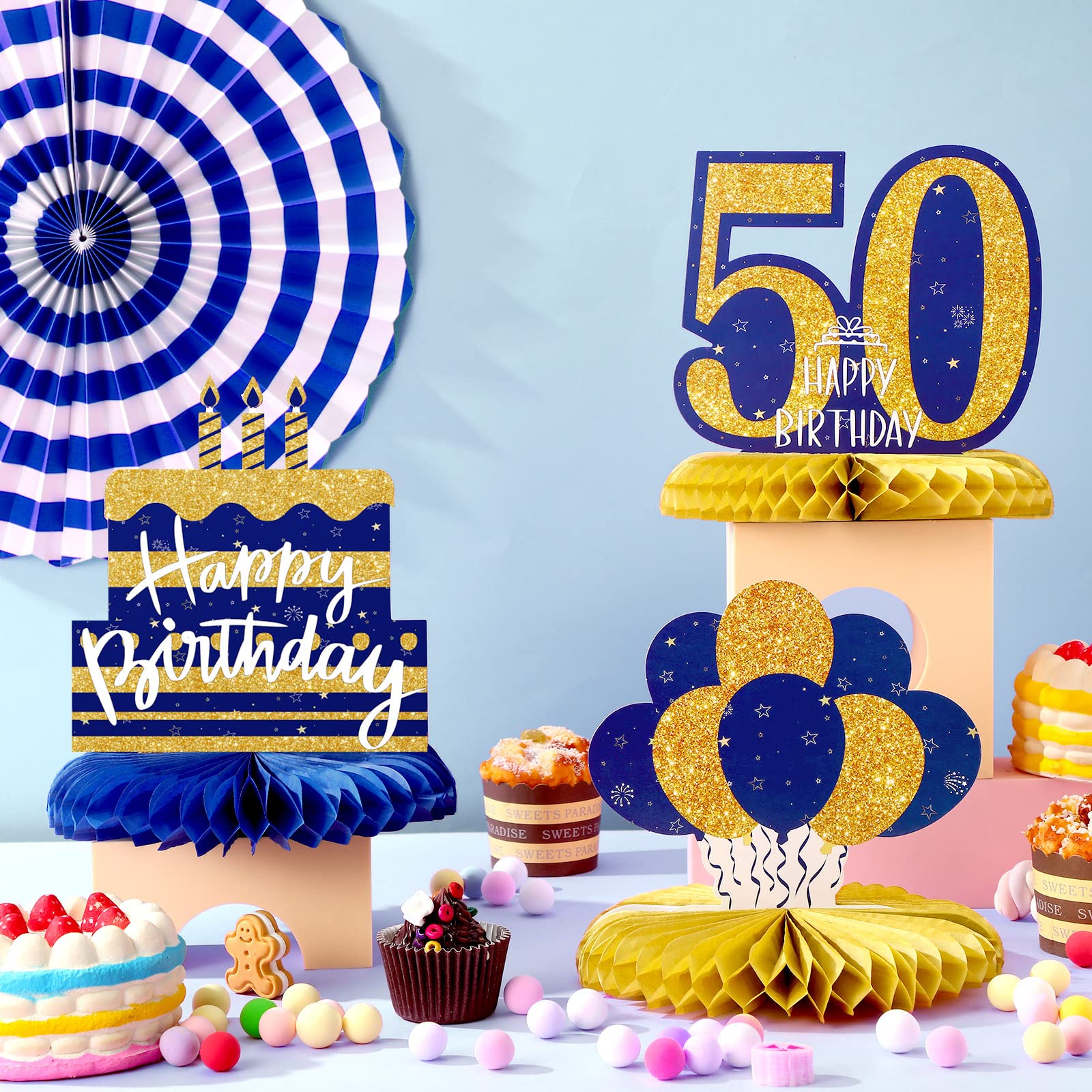 8-Piece 50th Birthday Party Decor Set - Glitter Blue & Gold Honeycomb Centerpieces for Tables - Golden Anniversary Decorations for Men & Women - Perfect for Milestone Celebrations, Retirement Parties & Anniversary Events