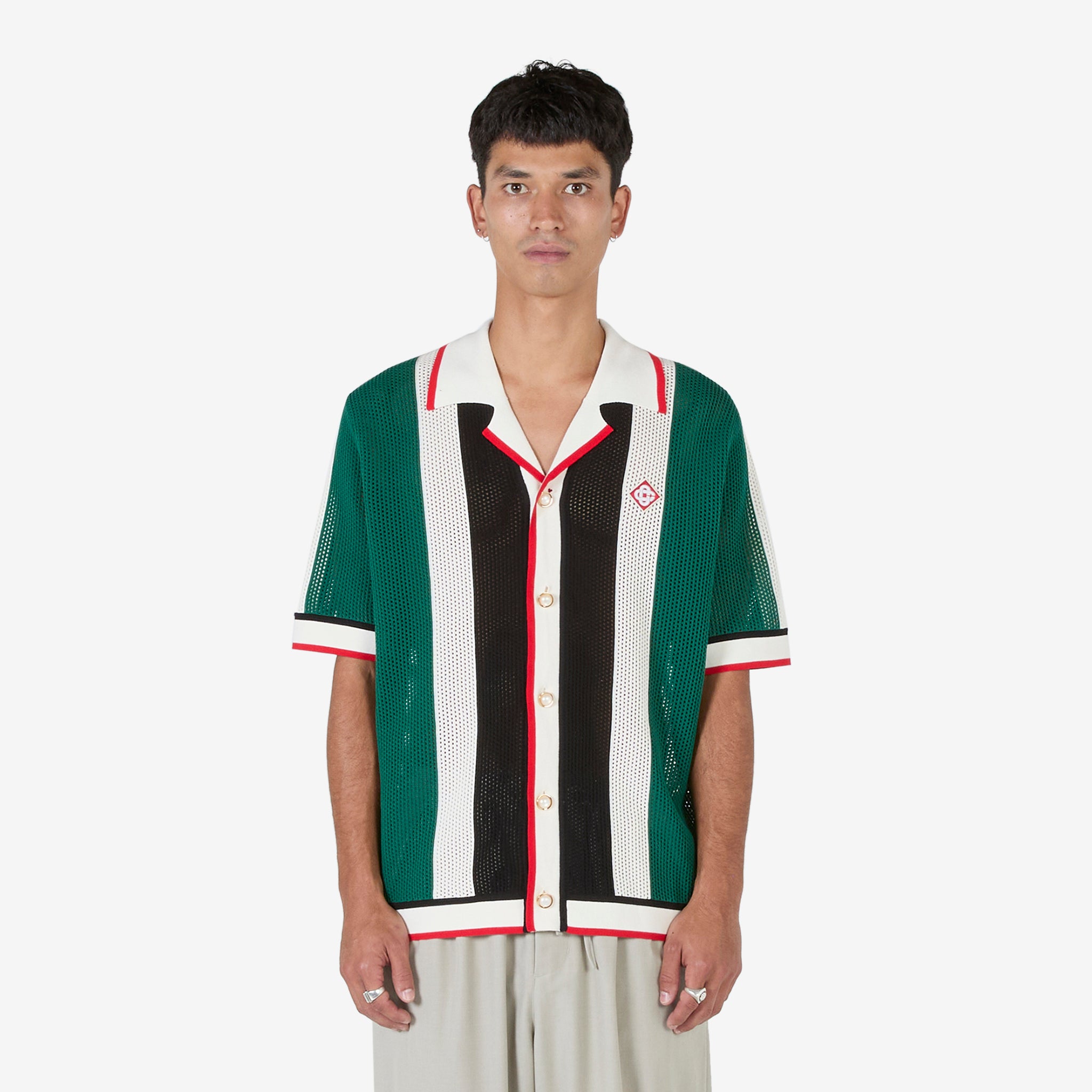 Breathable Striped Mesh Shirt for Men - Green with White Stripe | Summer Outdoor Sports & Casual Wear
