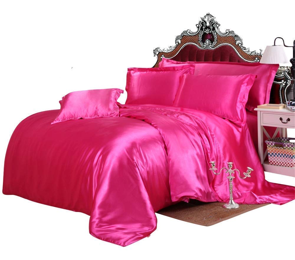 Oversized King Comforter Set - 7 Piece Satin Bedding Set (Comforter, Flat Sheet, Fitted Sheet 19'' Deep, 4 Pillowcases) 600 GSM Hot Pink Luxury Satin Comforter Set - Perfect for Master Bedroom, Guest Room & Cozy Winter Nights