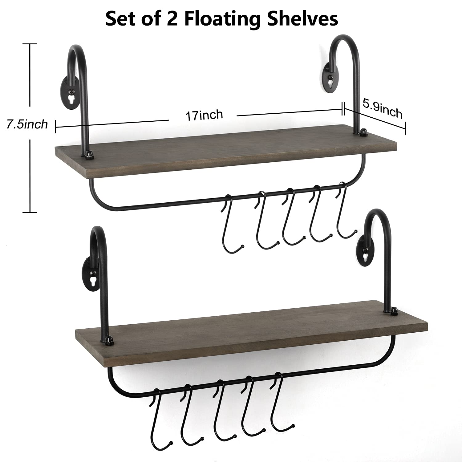 Olakee 2-Pack Floating Wall Shelves with 10 Adjustable Hooks - 17x5.9 Inch Rustic Bathroom & Kitchen Storage for Mugs, Towels, Utensils - Perfect for Small Spaces, Coffee Nooks & Farmhouse Decor (Weathered Grey)