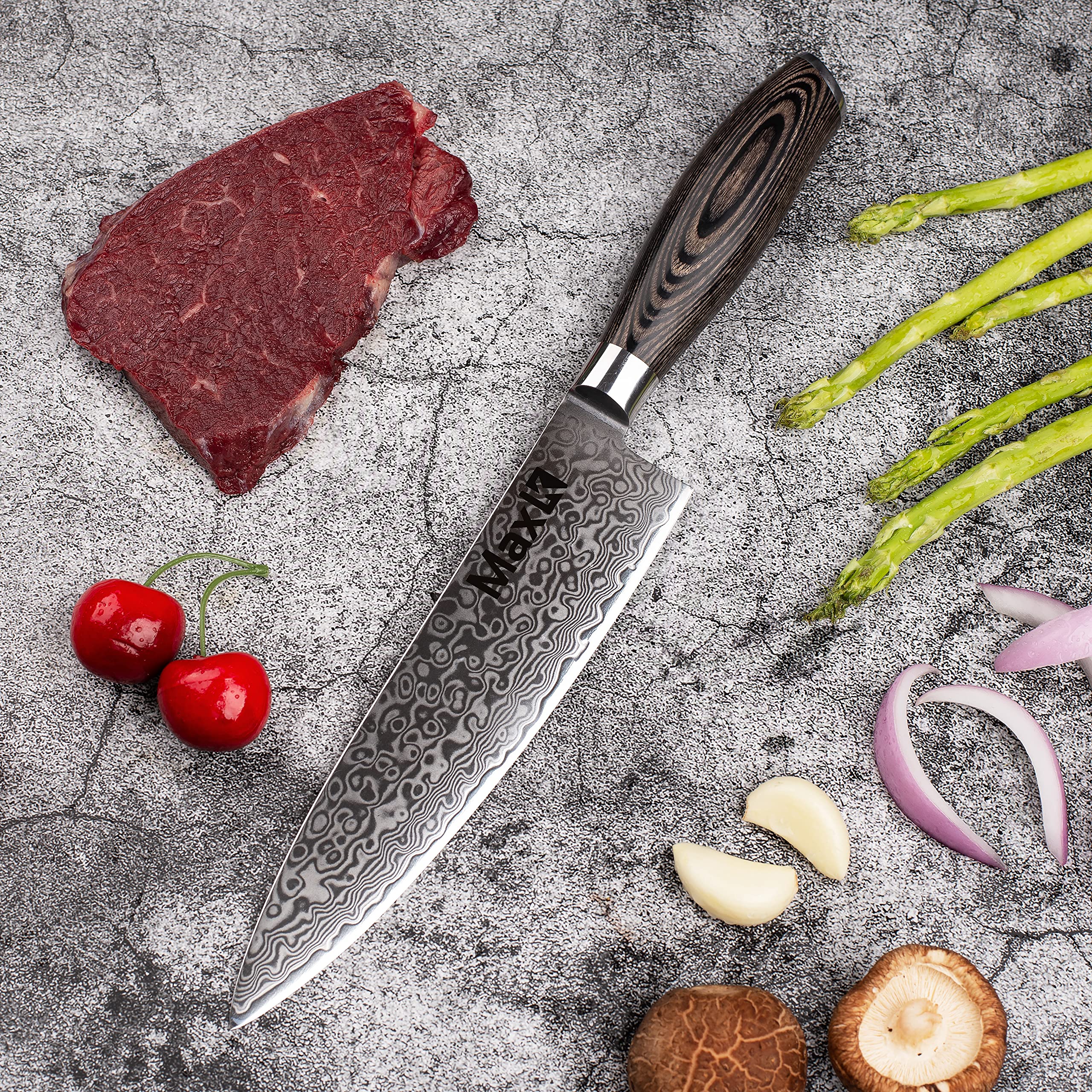 Premium 6-Piece Knife Set with Pakka Wood Handle & Free Knife Stand - Ultra Sharp 67-Layer Forged Steel Blades for Professional Chefs - Perfect for Slicing Meat, Dicing Vegetables, Chopping Fruits - Ideal for Home Kitchens, Restaurants & Culinary Gifts