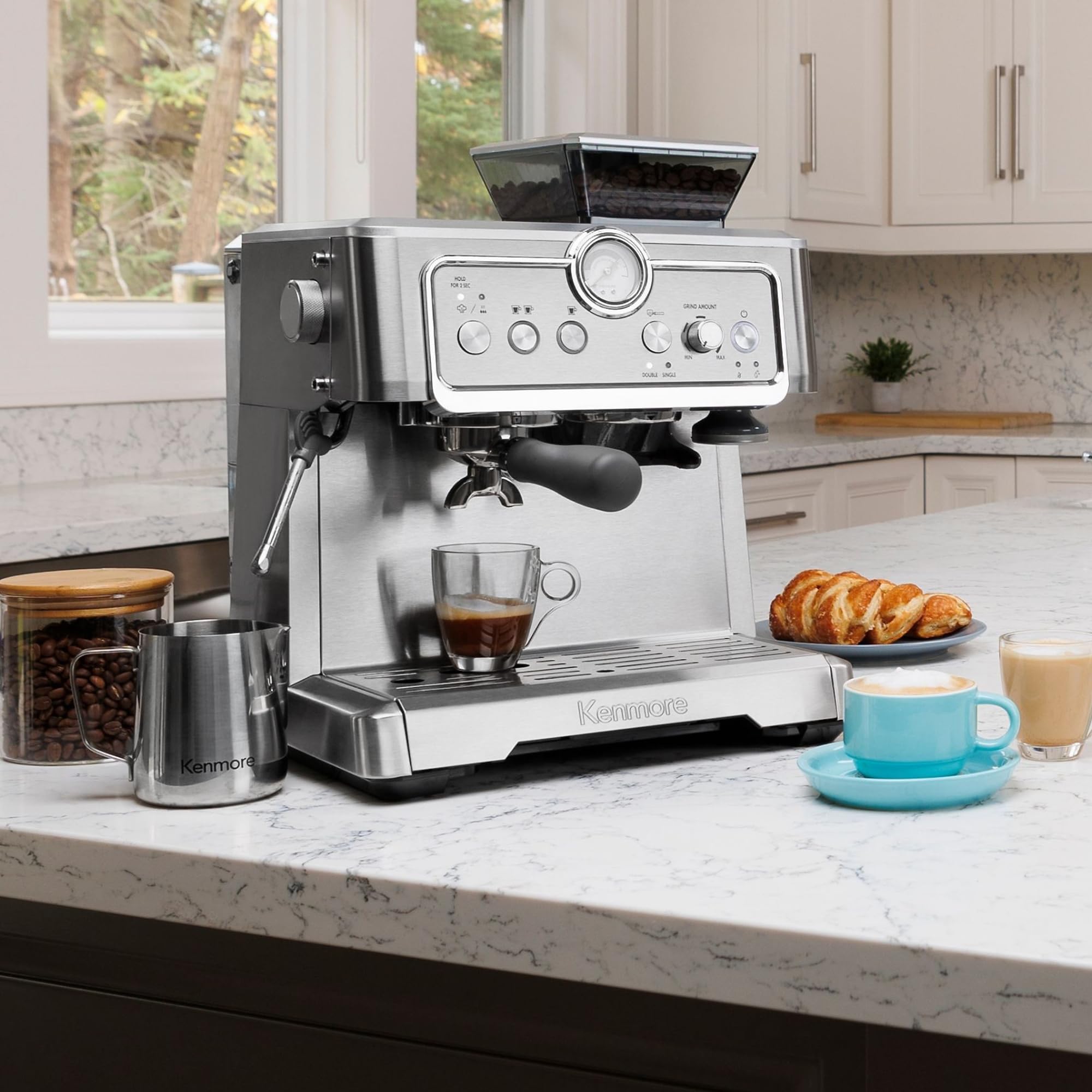 Kenmore Semi-Automatic Espresso Machine with Built-in Grinder & Milk Frother - Stainless Steel Coffee Maker for Cappuccino, Latte - Auto Cleaning & Manual Tamper - Perfect for Home Baristas & Coffee Shops