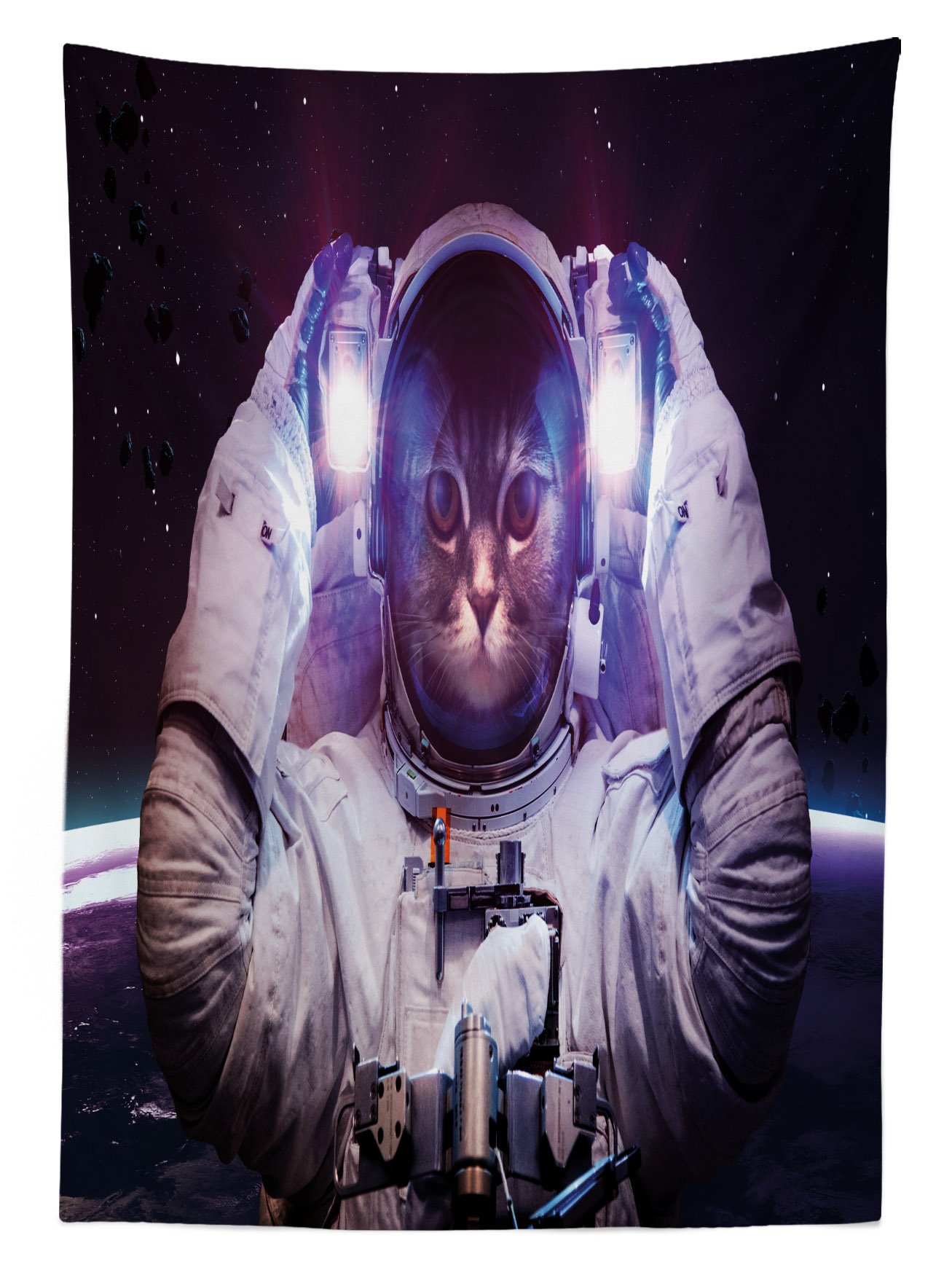 Ambesonne Space Cat Tablecloth - Kitty in Cosmonaut Suit with Galaxy Stars Supernova Design, Washable Picnic Table Cover 58x120 Inches, White Purple & Dark Blue - Perfect for Outdoor Dining, BBQs, and Space-Themed Parties