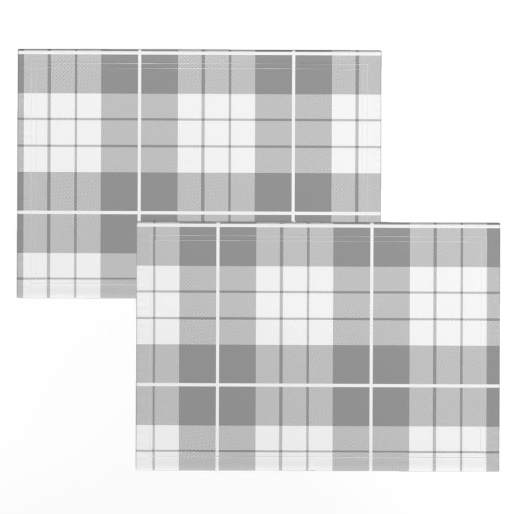 Premium Linen Cotton Canvas Placemats Set of 2 - Classic White Tartan Plaid Gray Silver Print Table Mats for Dining, Kitchen & Holiday Decor | Washable & Durable