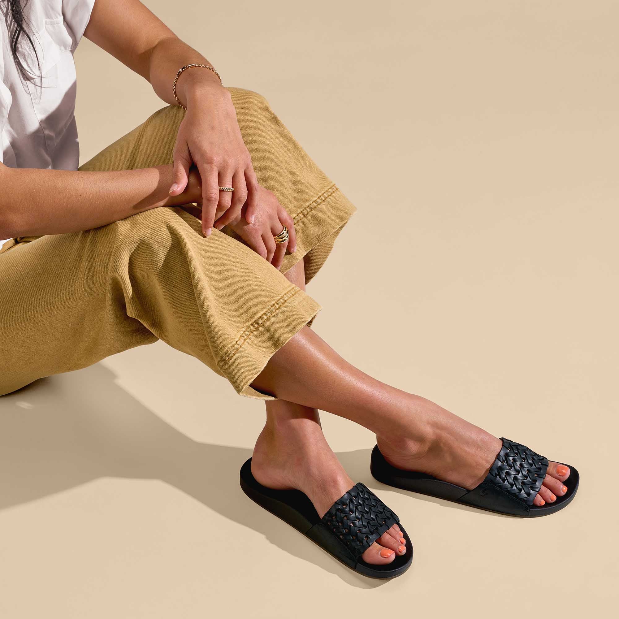 Kamola Women's Leather Slide Sandals - Black | Comfortable Summer Casual Shoes for Beach, Pool & Home Wear
