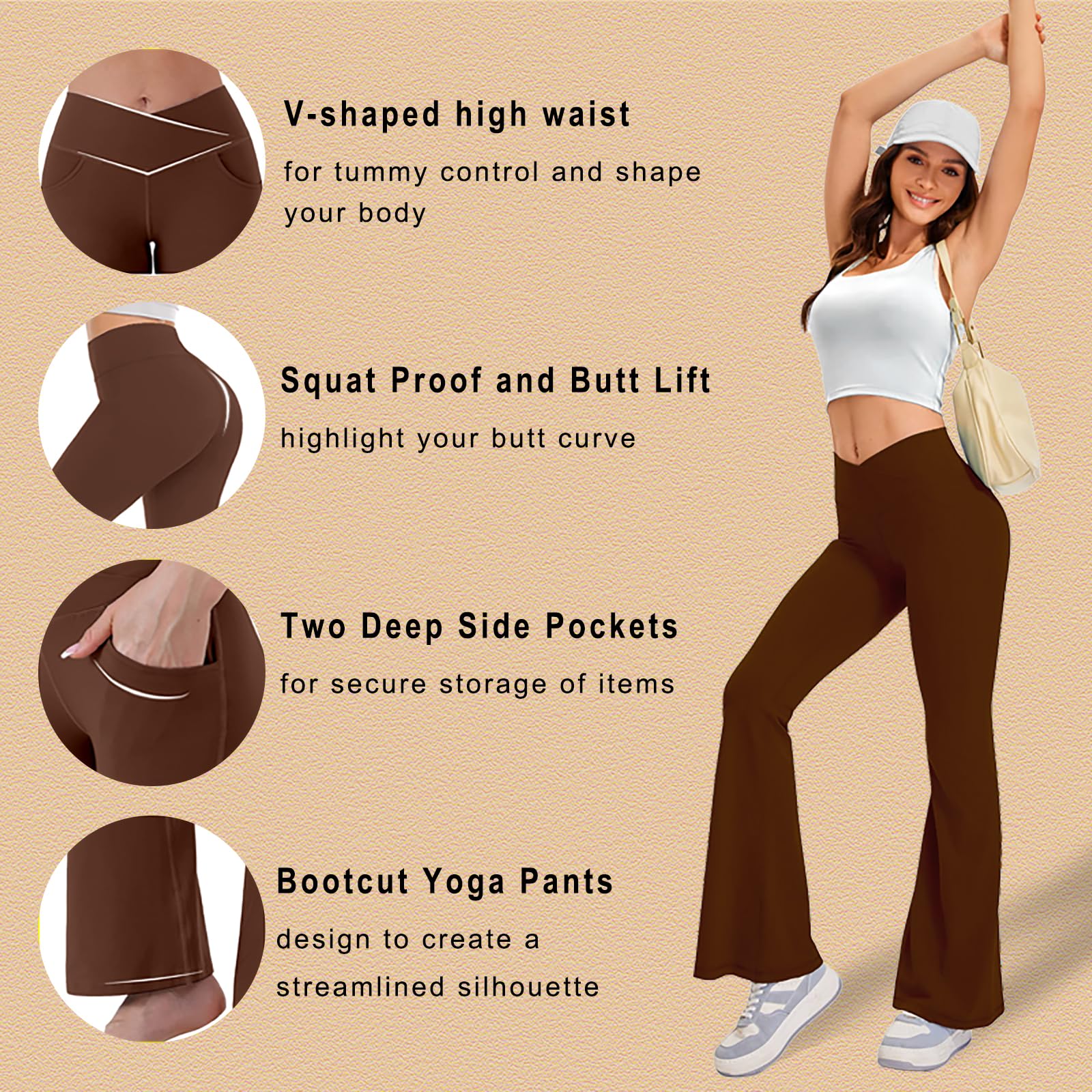 JADD Women's High Waisted Flare Yoga Pants with Pockets - Bootcut Tummy Control Workout Leggings & Dress Pants for Yoga, Gym, Running and Casual Wear