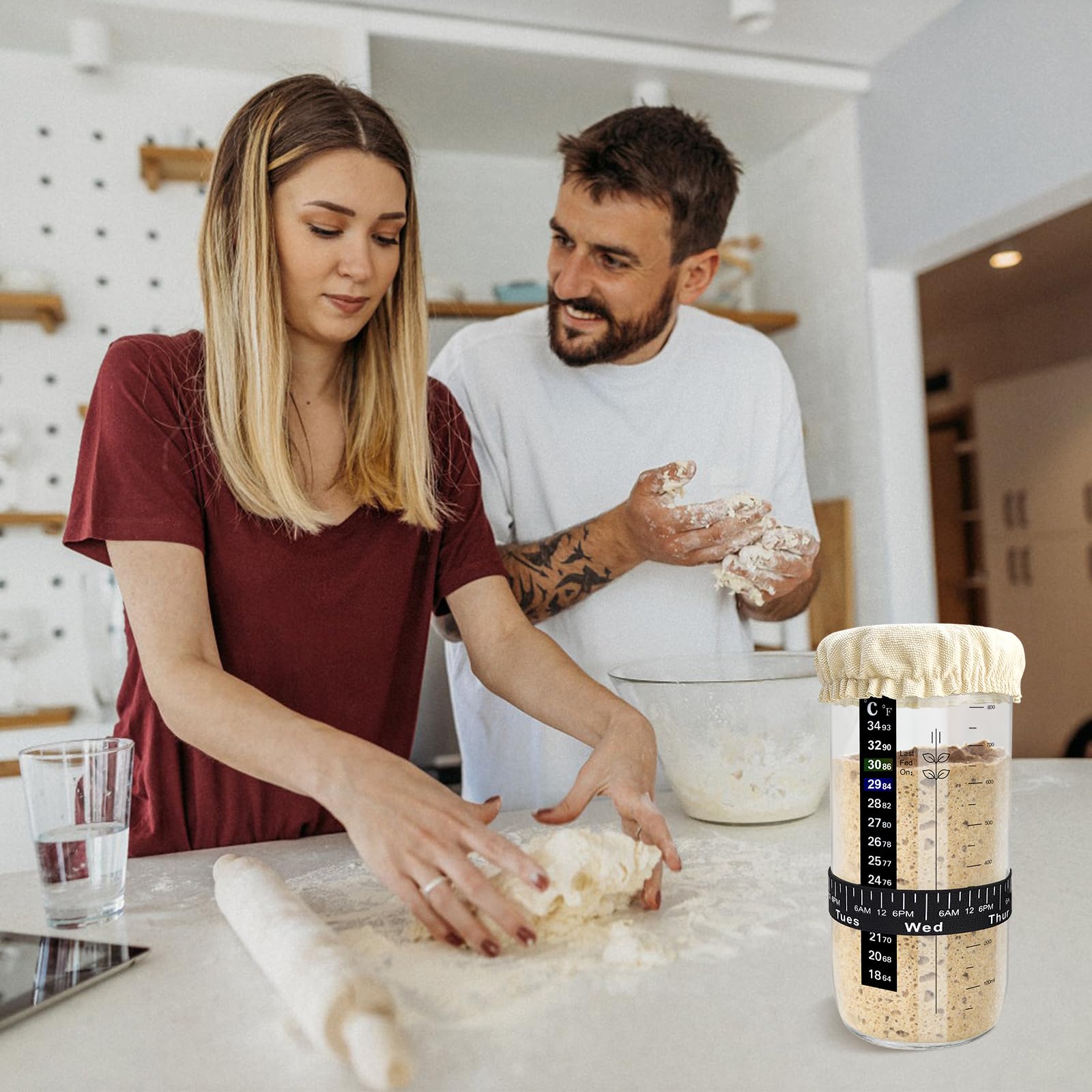 Organic Sourdough Starter Kit for Homemade Bread Baking - 34oz Glass Jar with Date Marker, Thermometer, Silicone Spatula & Lid - Perfect for Artisan Bread, Pizza Dough & Pastries | Home Baker Gift Idea