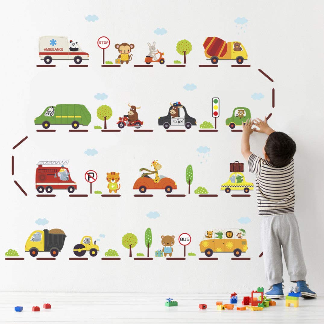 Road and Cars Cartoon Wall Decals - Peel and Stick Removable Wall Stickers for Kids Room, Nursery, Bedroom & Living Room Decor | Fun Transportation Theme for Boys' Bedroom, Playroom & Classroom