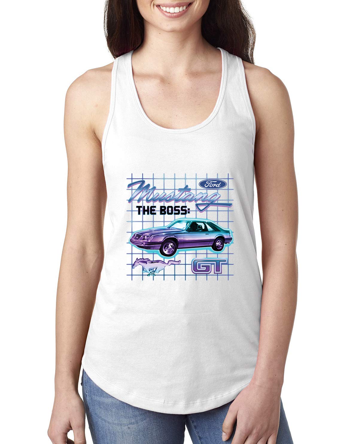 Ford Mustang GT The Boss Retro Neon Vintage Car & Truck Racerback Tank Top for Women - Casual Wear, Car Shows & Racing Events