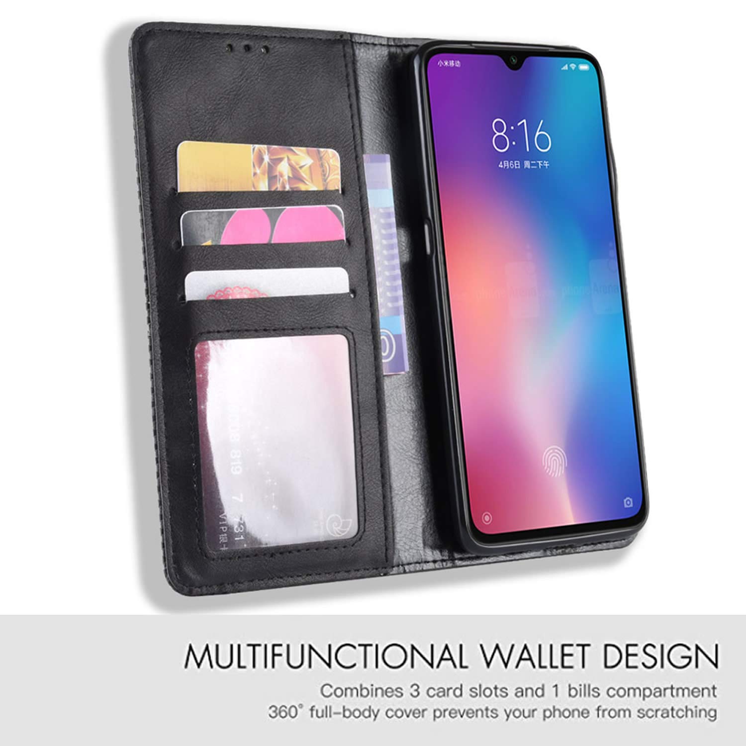 Xiaomi Mi 9 SE Phone Case - Premium Retro PU Leather Magnetic Flip Cover with Card Holder & Kickstand | Shockproof Full Body Protection | Perfect for Business, Travel & Daily Use (Black)