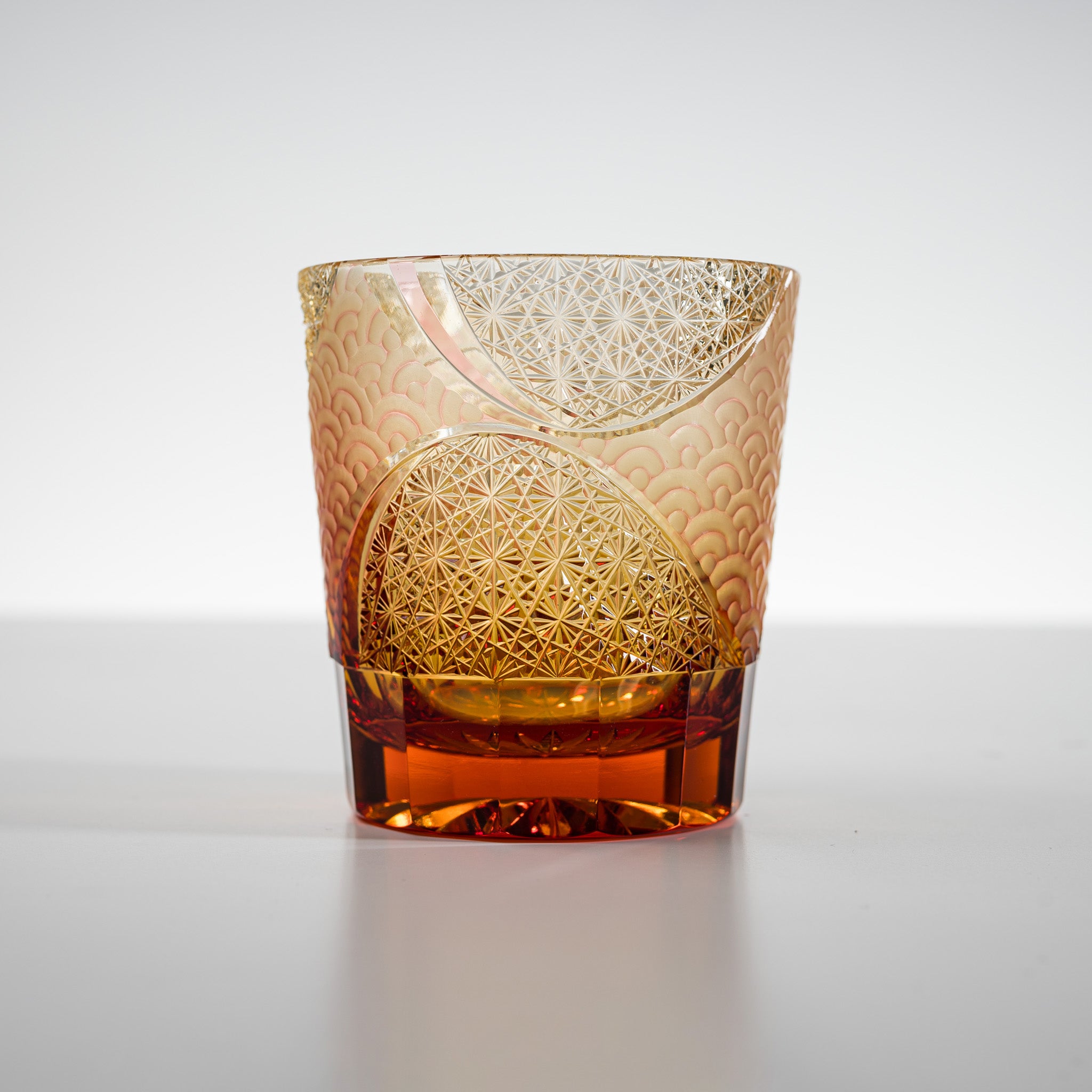 Yamada Crystal Glass Rock Glass - Wave Design Amber Red Whiskey Glass for Bourbon, Scotch & Cocktails - Perfect for Home Bar, Gifts & Parties