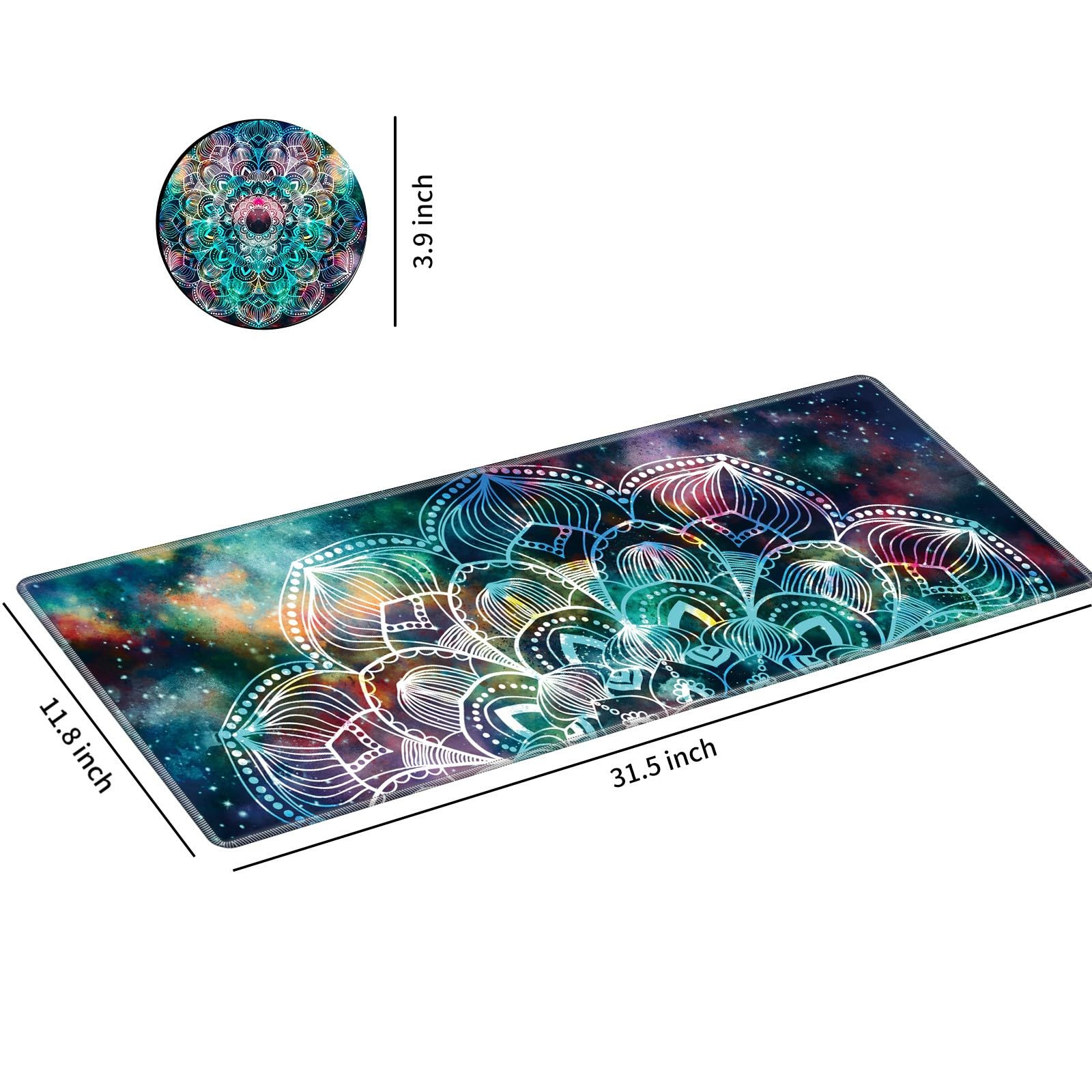 Extra Large Gaming Mouse Pad with Stitched Edges - Non-Slip Desk Protector Mat for Computer Keyboard & Mouse | Mandala Art Design | Includes Free Coaster & Stickers | Perfect for Home Office, Gaming Setup & Study Accessories