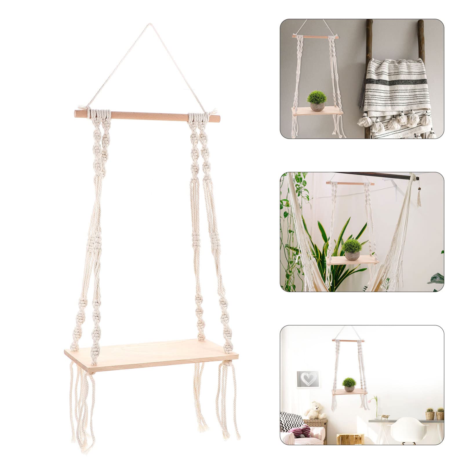 Bohemian Wooden Wall-Mounted Plant Hanger Set - Indoor Boho Shelf with Wood Trim for House Plants, Bonsai & Picture Frames | Perfect for Living Room, Bedroom Decor & Bohemian Home Style