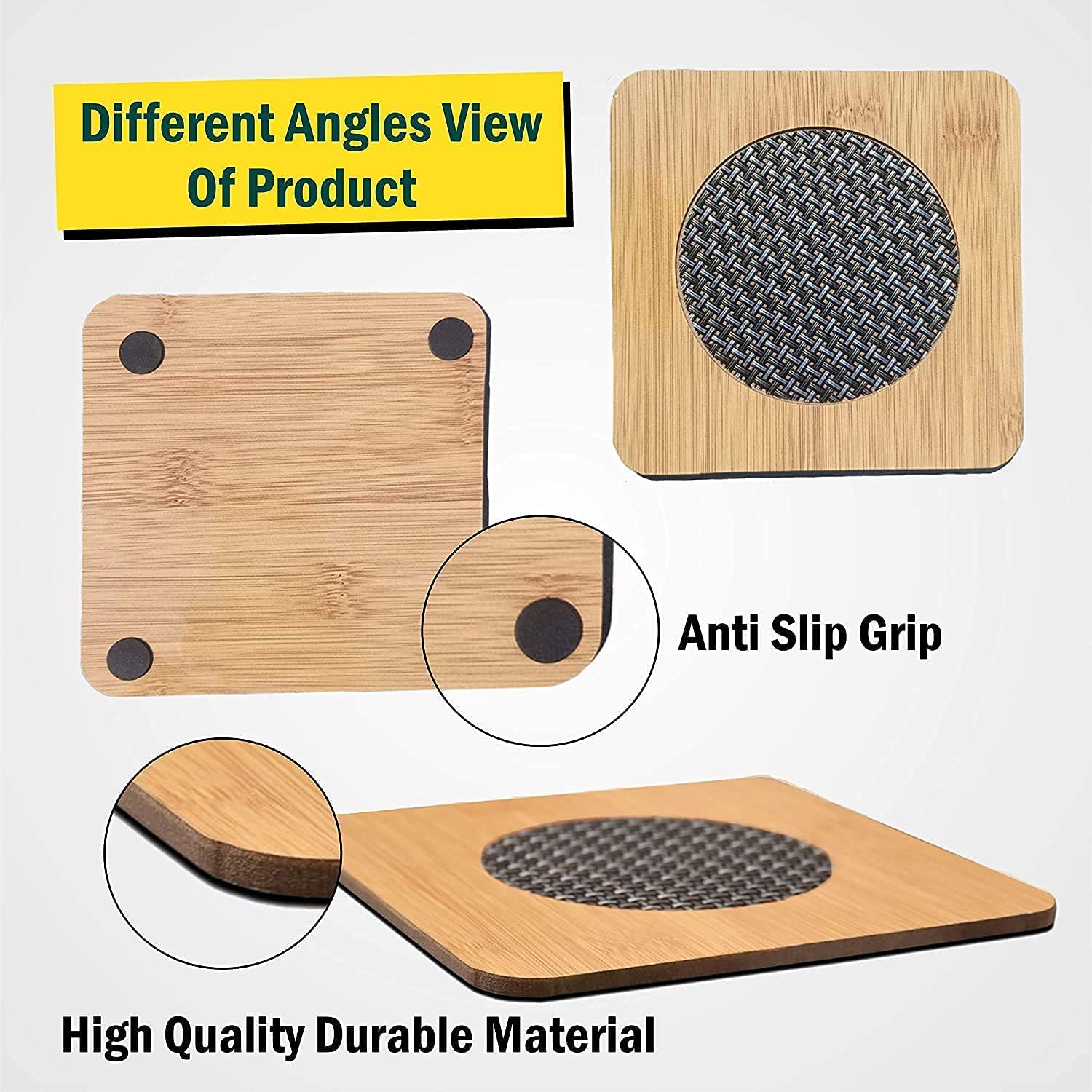 Natural Bamboo Wooden Coasters Set of 2 - Square Heat Resistant Tableware Pads for Hot Coffee Mugs, Tea Cups, Bowls & Kitchen Pots - Perfect for Home, Dining & Kitchen Use