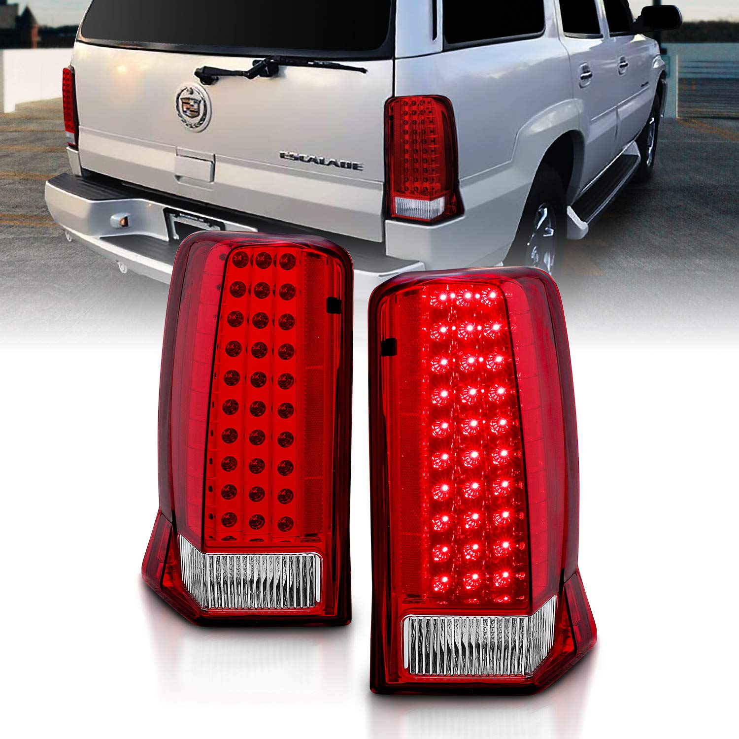 AmeriLite Red/Clear LED Tail Lights Replacement for Cadillac Escalade - Left & Right Side Pair - Enhanced Visibility & Safety for Night Driving & Off-Road Adventures