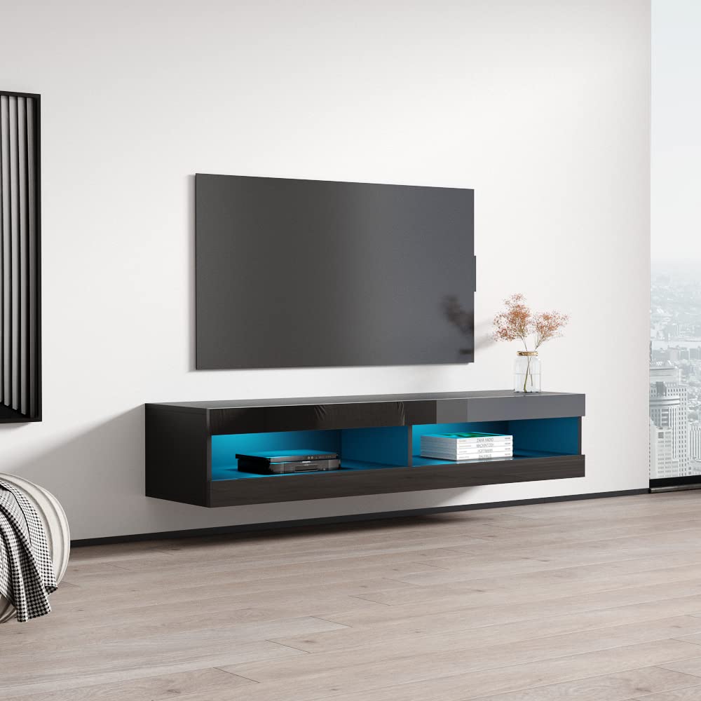 Modern Floating TV Stand with Storage & LED Lights - Wall Mounted High Gloss Media Console for TVs Up to 70
