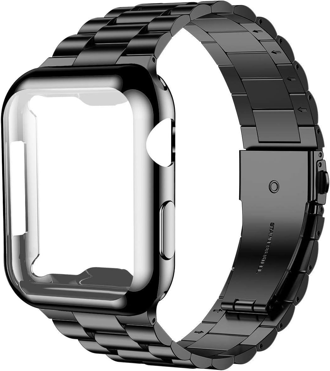Premium Stainless Steel Apple Watch Band 40mm Compatible with Series 6/5/4/SE - Elegant Black Metal Bracelet with Screen Protector Case for Women | Perfect for Work, Gym & Everyday Wear