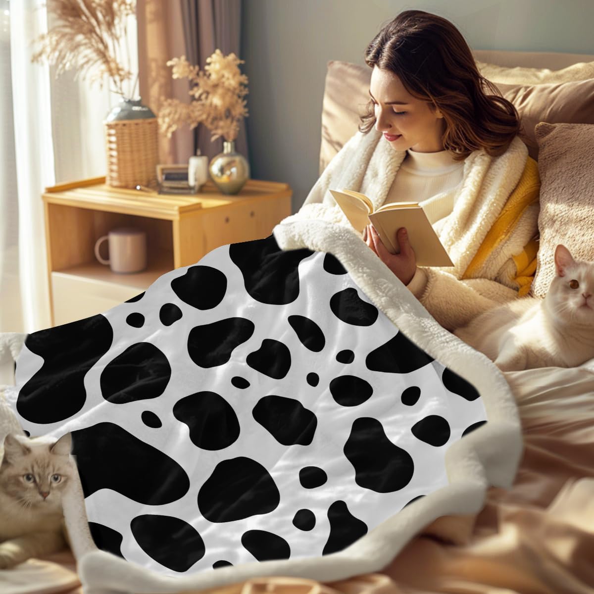 Sleepwish Black and White Cow Print Sherpa Fleece Throw Blanket - 50x60 Inch Soft Plush Animal Pattern Blanket for Kids, Girls, Boys & Women - Perfect for Bedroom, Sofa, Picnic & Cow Lover Gifts