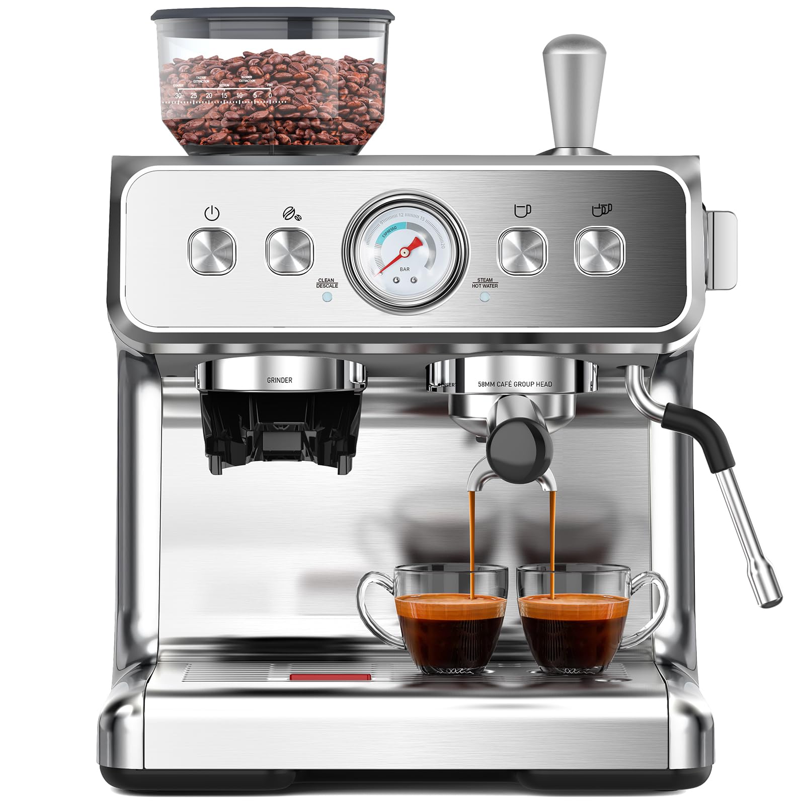 Premium 20 Bar Semi-Automatic Espresso Machine with Built-in Grinder & Milk Frother - Stainless Steel Coffee Maker with Steam Wand & Removable Water Tank - Perfect for Home Baristas to Make Latte, Cappuccino & Macchiato - Ideal for Kitchen, Office & Coffee Shop Use