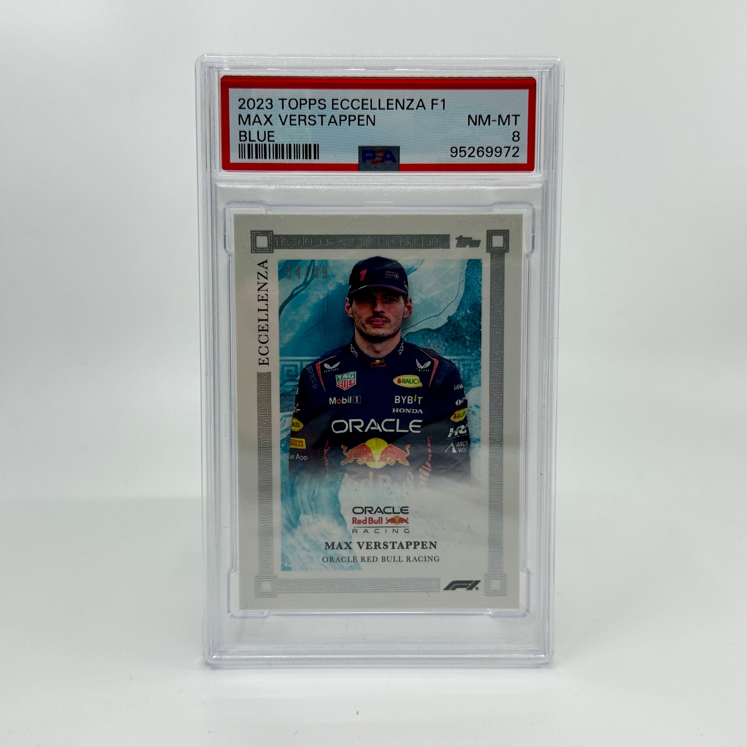 PSA 8 2023 Max Verstappen Blue Eccellenza #34/49 Trading Card - Perfect for F1 Collectors, Sports Memorabilia Displays & Racing Enthusiast Gifts