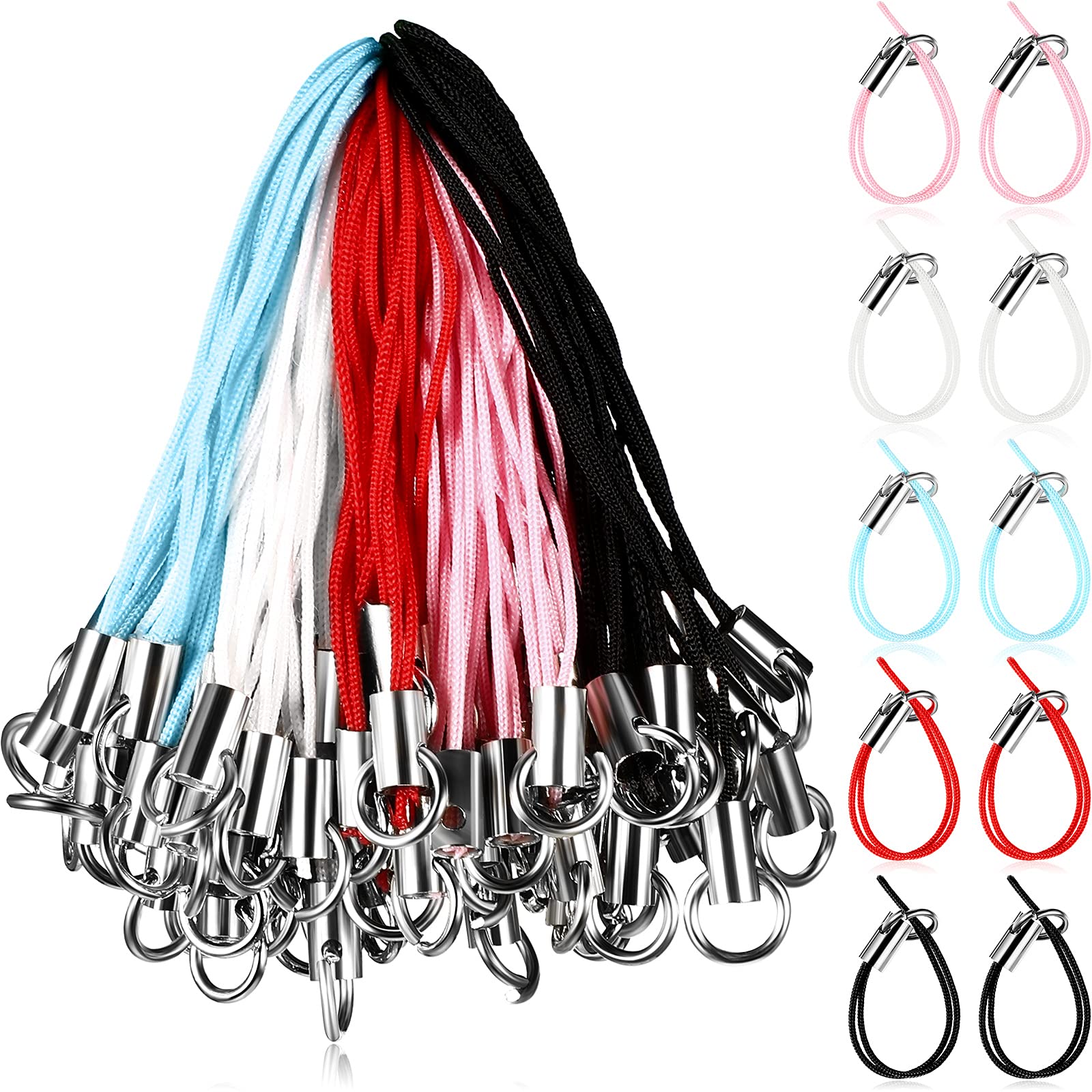 100Pcs Colorful Phone Split Ring Straps - Lanyard Charms for Cellphone, USB Flash Drive, Keychain - DIY Manual Doll Decorations (Red, Pink, Blue, White, Black) - Perfect for Accessories, Gifts & Craft Projects