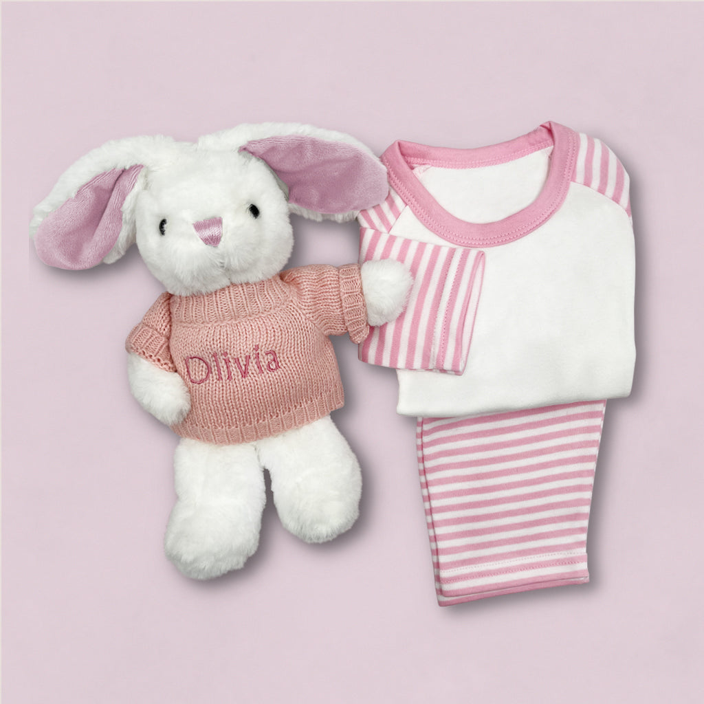 Little Bunny Sleepy Time Hamper - Pink Baby Gift Set with Personalized White Bathrobe for 0-12 Months | Perfect for Newborn Showers & First Birthday Presents