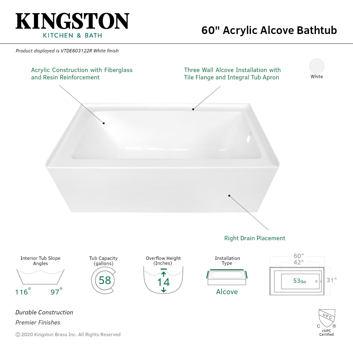 Aqua Eden VTDE603122R 60-Inch Acrylic Rectangular 3-Wall Alcove Bathtub - Right Hand Drain, Glossy White - Perfect for Modern Bathrooms & Spa-Like Retreats