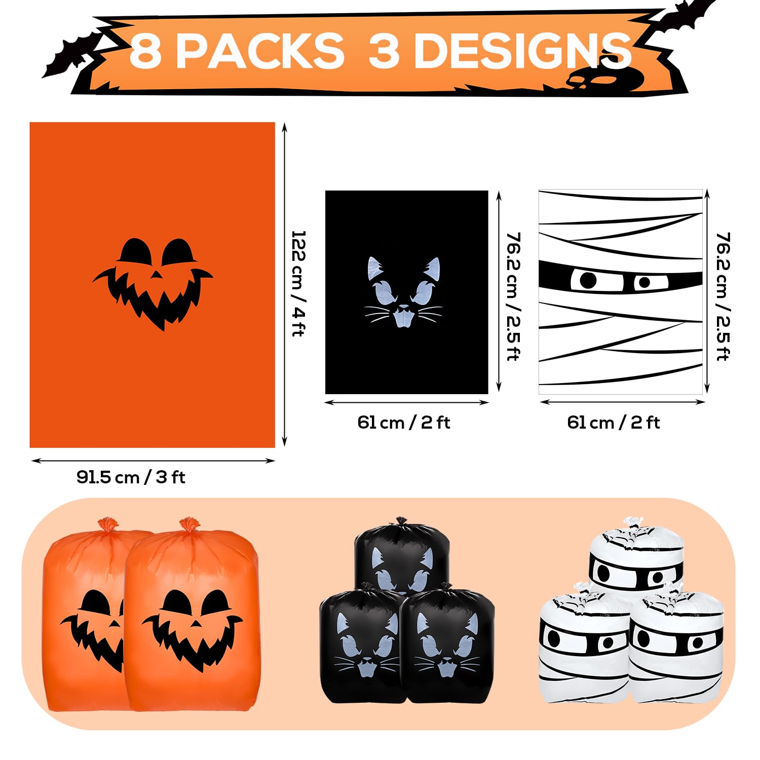 8-Piece Halloween Pumpkin Leaf Bags Set (36x48 Inch & 24x30 Inch) - Reusable Plastic Lawn Leaf Bags for Halloween Decorations, Outdoor Fall Garden Party, Yard Cleanup & Seasonal Decor
