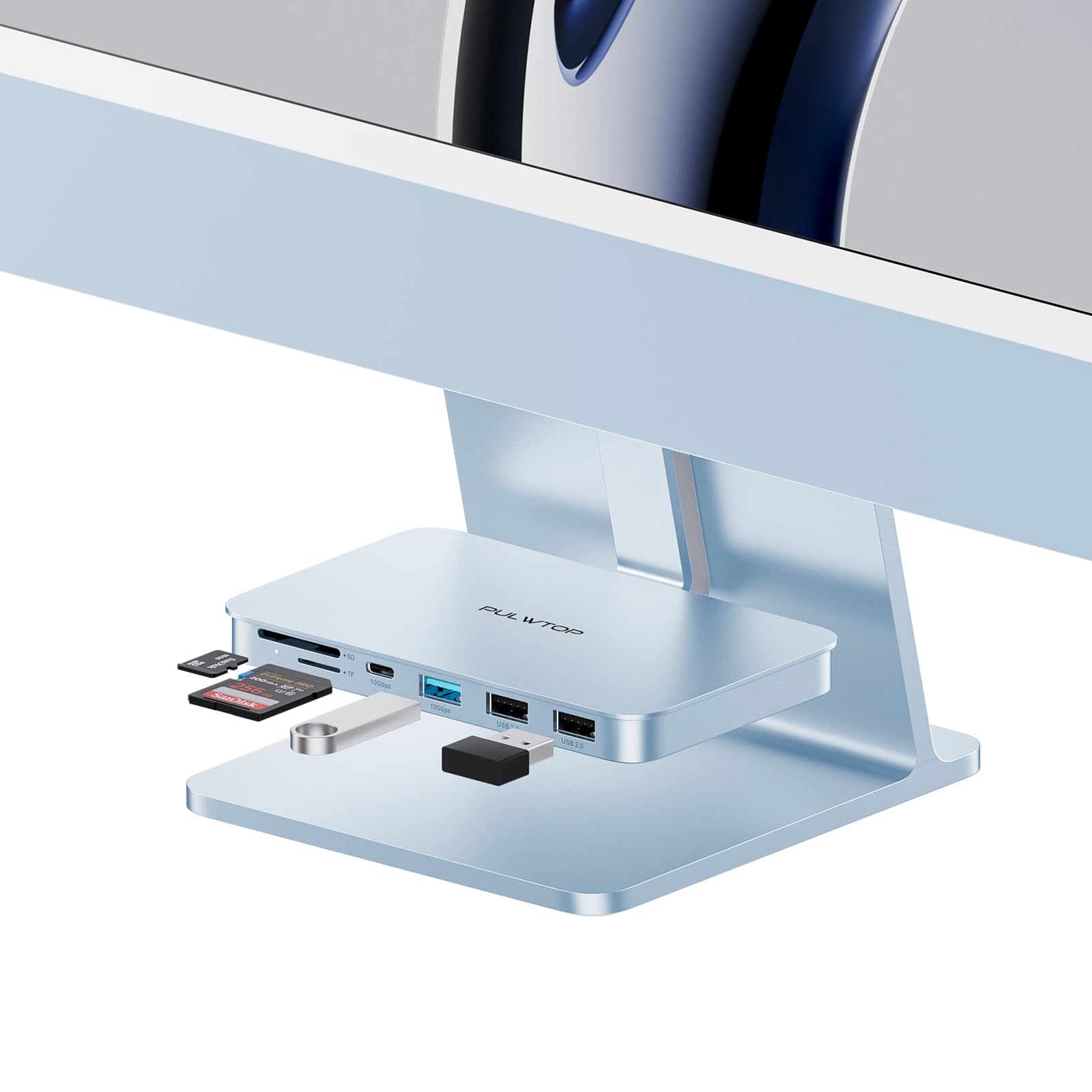 PULWTOP 6-in-1 USB C Hub for iMac 2021/2023/2024 - 10Gbps USB-A/USB-C Ports, 2 USB 2.0, SD/TF Card Reader - Compatible with iMac 24 inch & Studio Display 27 inch (M1/M3/M4) - Blue - Perfect for Home Office, Video Editing & File Transfer