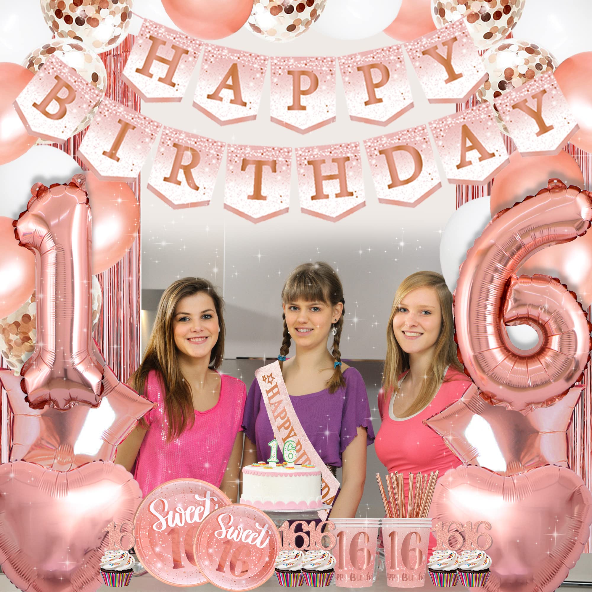 Sweet 16 Birthday Party Decorations for Girls - Rose Gold Banner, Happy Birthday Balloons & Party Supplies | 16th Birthday Celebration Decor for Teens, Quinceañera, Milestone Parties