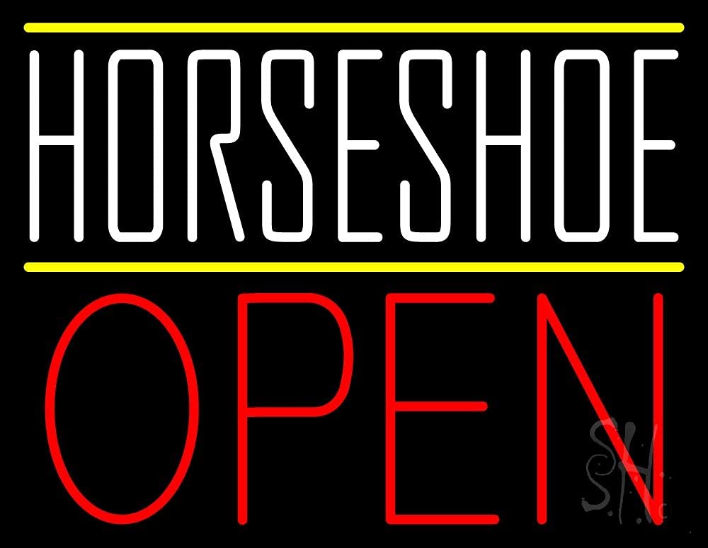 White Horseshoe Open LED Neon Sign 15x19 Inches - Black Square Cut Acrylic Backing with Dimmer - Bright Premium Indoor LED Neon Light for Store Décor, Bar, Restaurant, Wedding, Birthday Party - Perfect for Wall Decoration, Business Signage, and Event Lighting